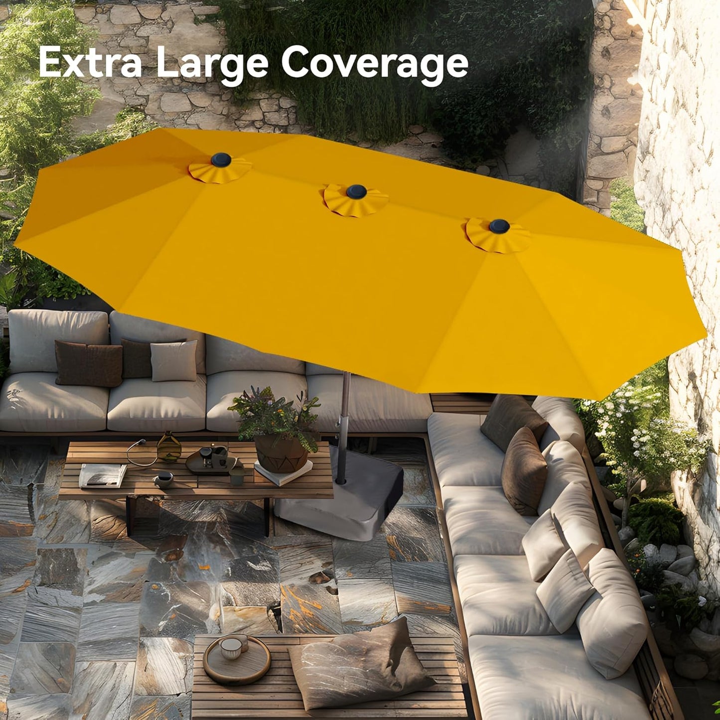15ft Patio Umbrella Double-Sided Outdoor Market Extra Large Umbrella with Crank, Umbrella Base Included (Dark Red)