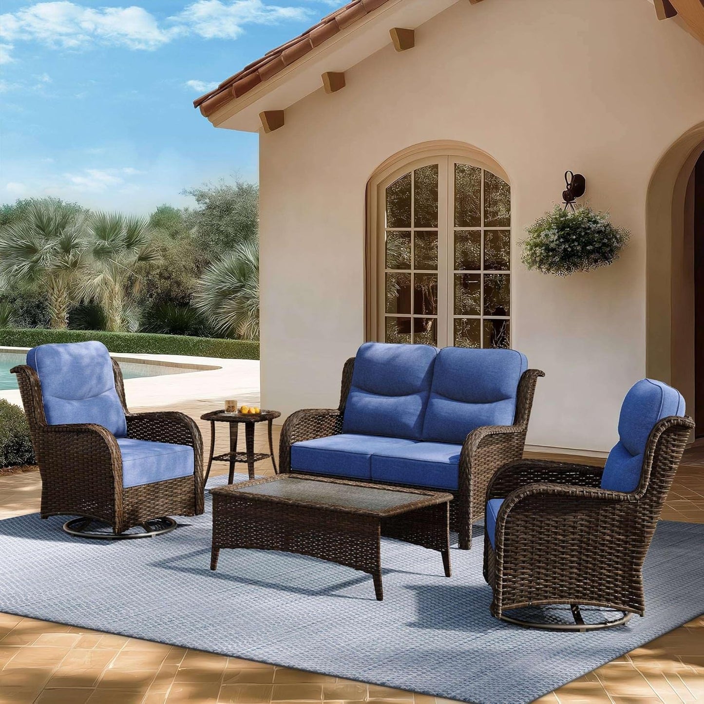 Outdoor Swivel Rocker Patio Chairs with 6-Inch Thick Cushions and Side Table, 3PCS High Back Wicker Patio Furniture Set for Porch, Balcony, Deck and Yard in Blue