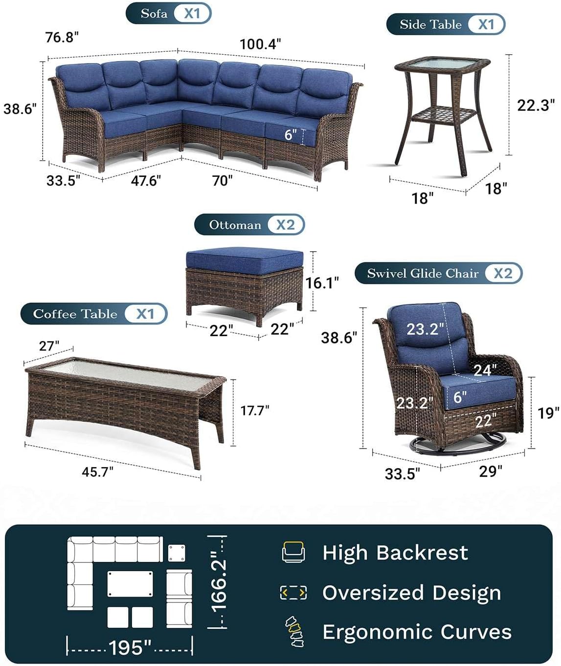 Outdoor Swivel Rocker Patio Chairs with 6-Inch Thick Cushions and Side Table, 3PCS High Back Wicker Patio Furniture Set for Porch, Balcony, Deck and Yard in Blue