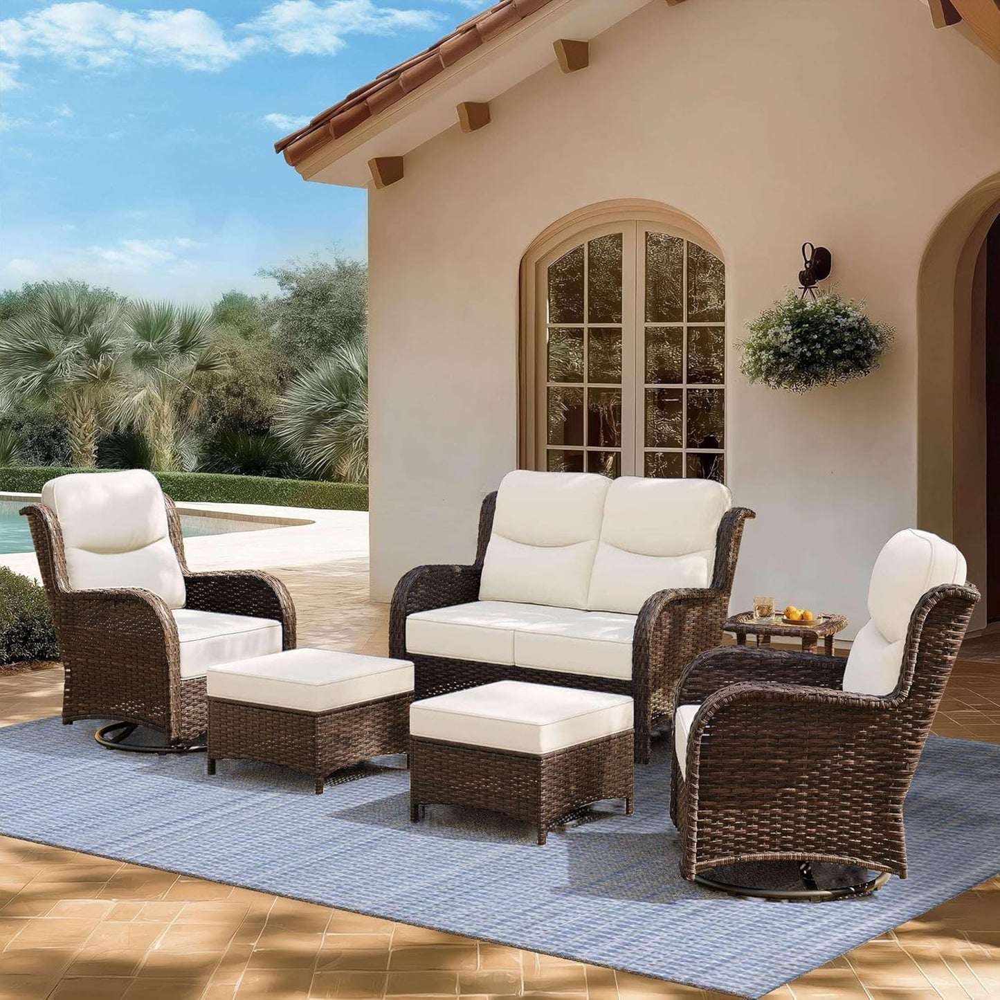 Outdoor Swivel Rocker Patio Chairs with 6-Inch Thick Cushions and Side Table, 3PCS High Back Wicker Patio Furniture Set for Porch, Balcony, Deck and Yard in Blue