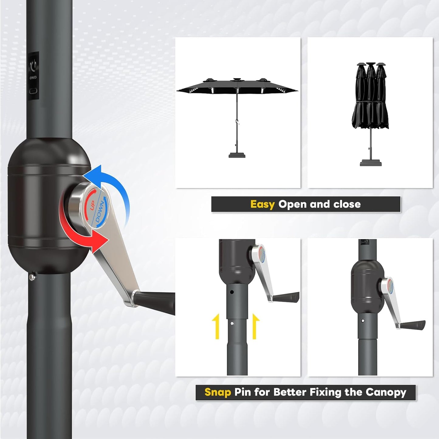 15ft Patio Umbrella with Solar Lights, Large Double Umbrella Outdoor, Rectangle 180''x106'' Umbrellas with 156 PCS LED Lights and Crank Handle for Backyard Deck Pool Shade in Black(1.9" Pole)