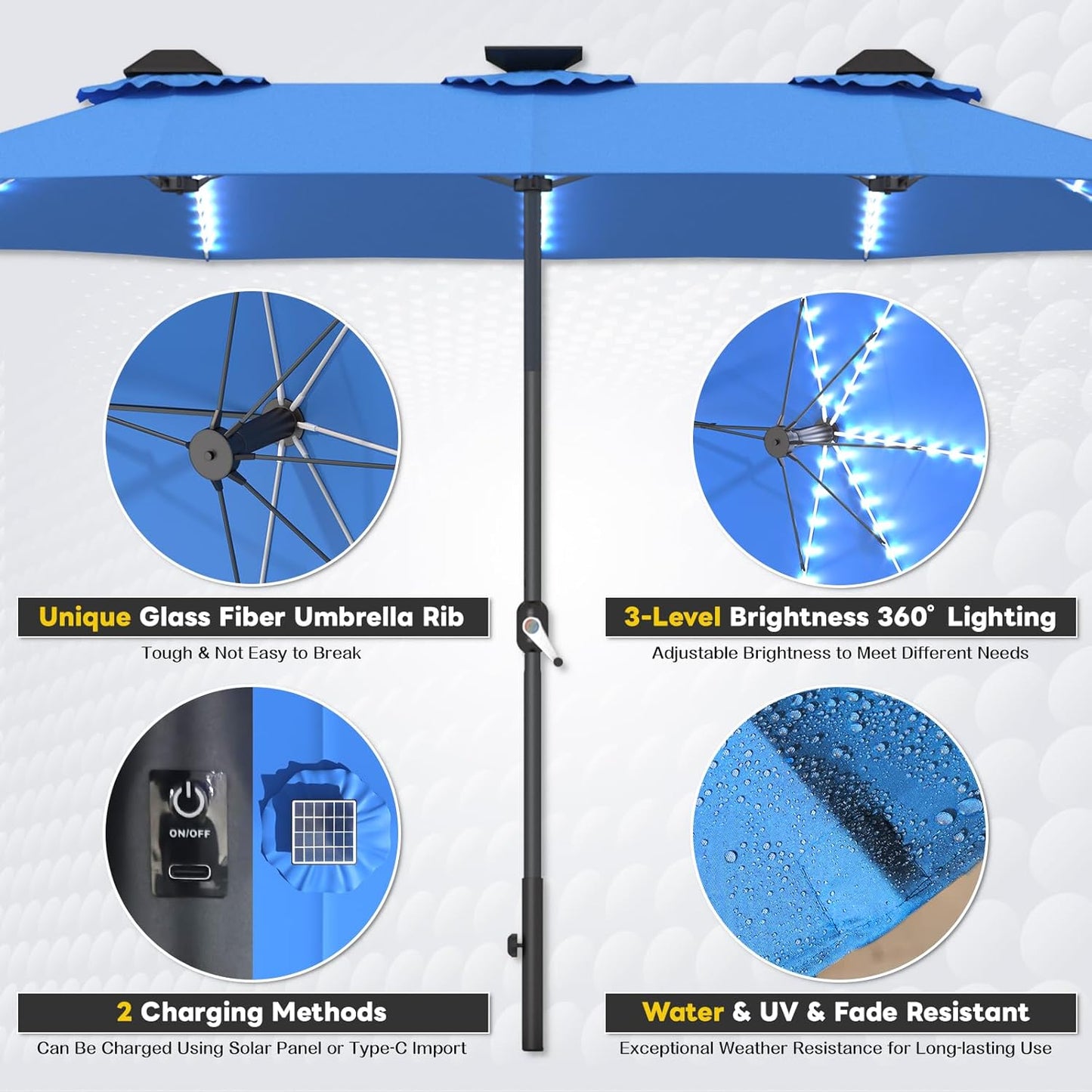 15ft Patio Umbrella with Solar Lights, Large Double Umbrella Outdoor, Rectangle 180''x106'' Umbrellas with 156 PCS LED Lights and Crank Handle for Backyard Deck Pool Shade in Black(1.9" Pole)