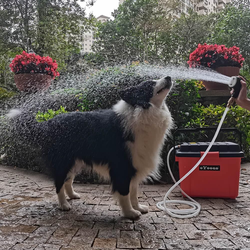 Portable Outdoor Shower System, 6.6-Gallon, High Pressure, Battery Powered, 12000mAh, with Pump & Garden Hose Nozzles, Ideal for Camping