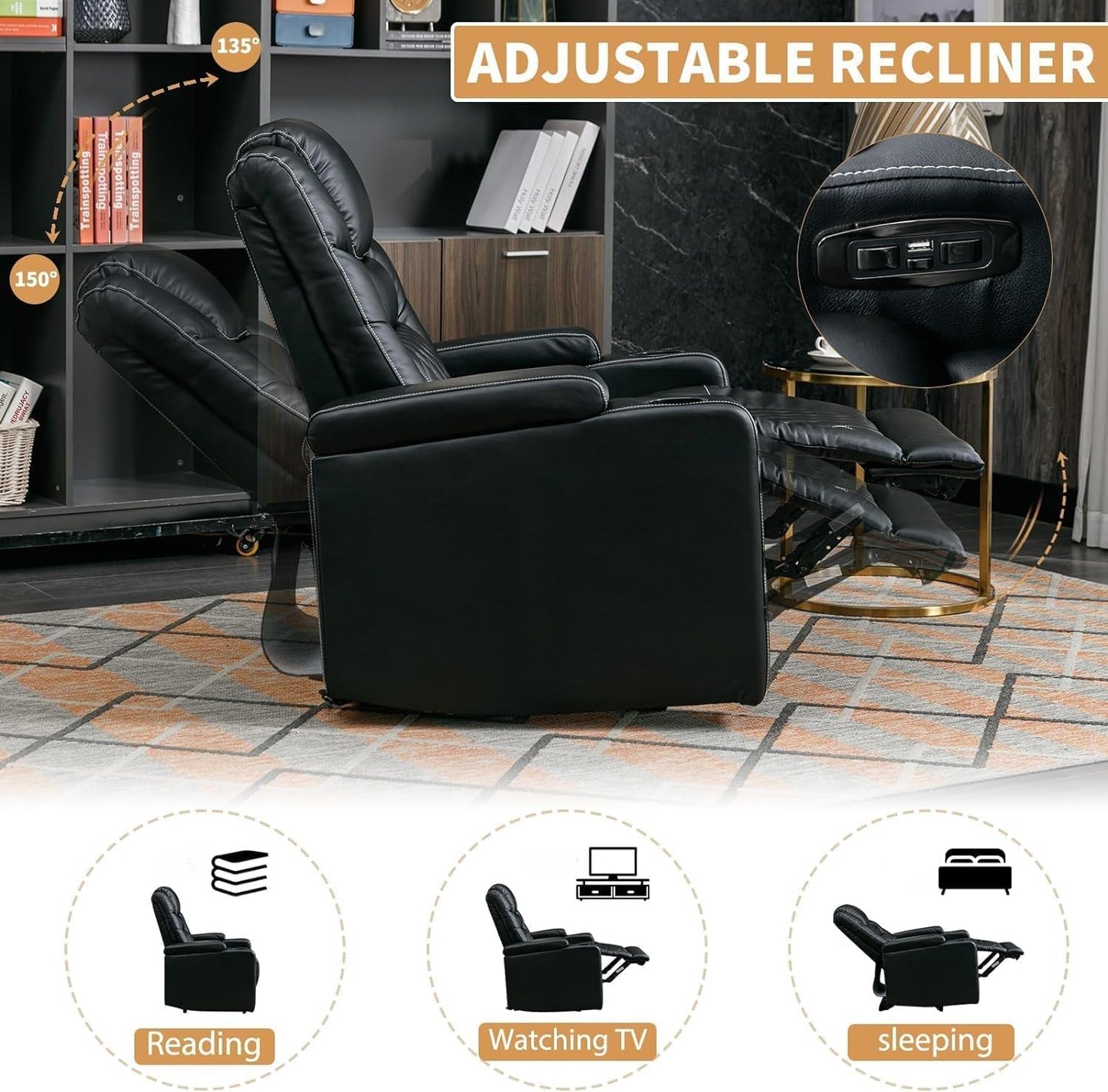 Power Home Theater Seating Set of 3, Brown Faux Leather Electric Recliner Chair with Powered Headrest, Dual Motors Movie Reclining Chairs with LED Lights,USB Port,Cup Holders, Hidden Arm Storage