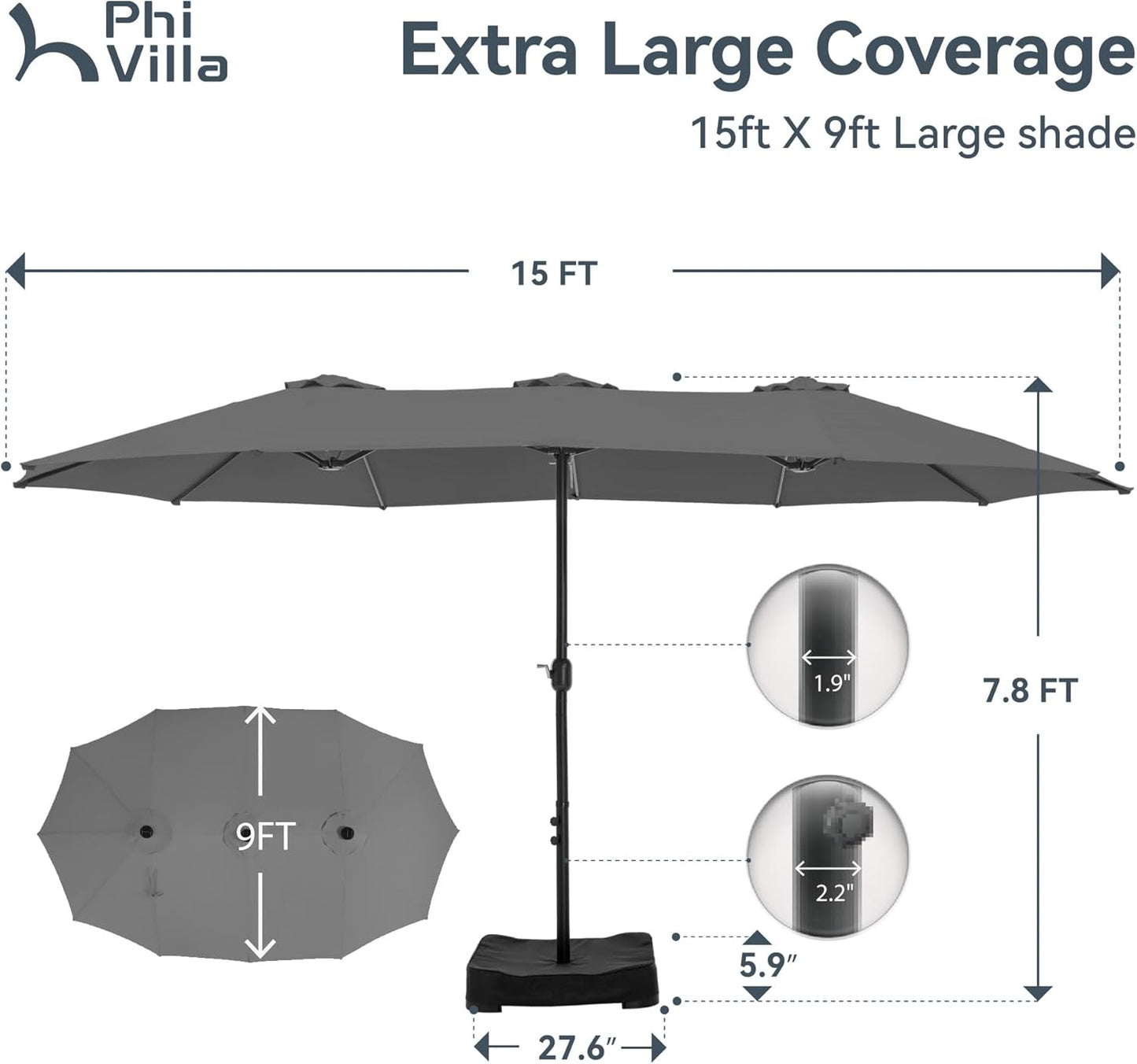 15ft Patio Umbrella Double-Sided Outdoor Market Extra Large Umbrella with Crank, Umbrella Base Included (Dark Red)