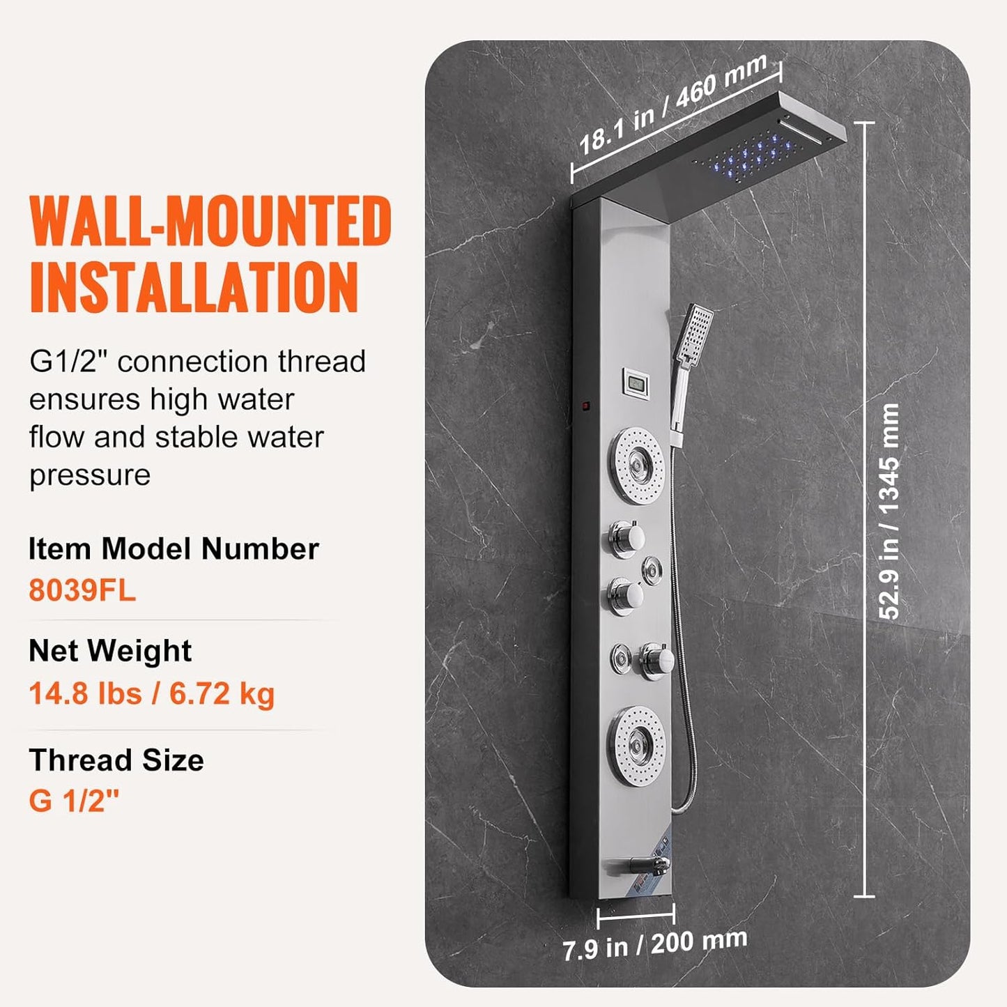 Shower Panel System, 6 Shower Modes, LED & Display Shower Panel Tower, Rainfall, Waterfall, 4 Body Massage Jets, Tub Spout, Handheld Shower Head 59" Hose, Stainless Steel Wall-Mounted Shower Set
