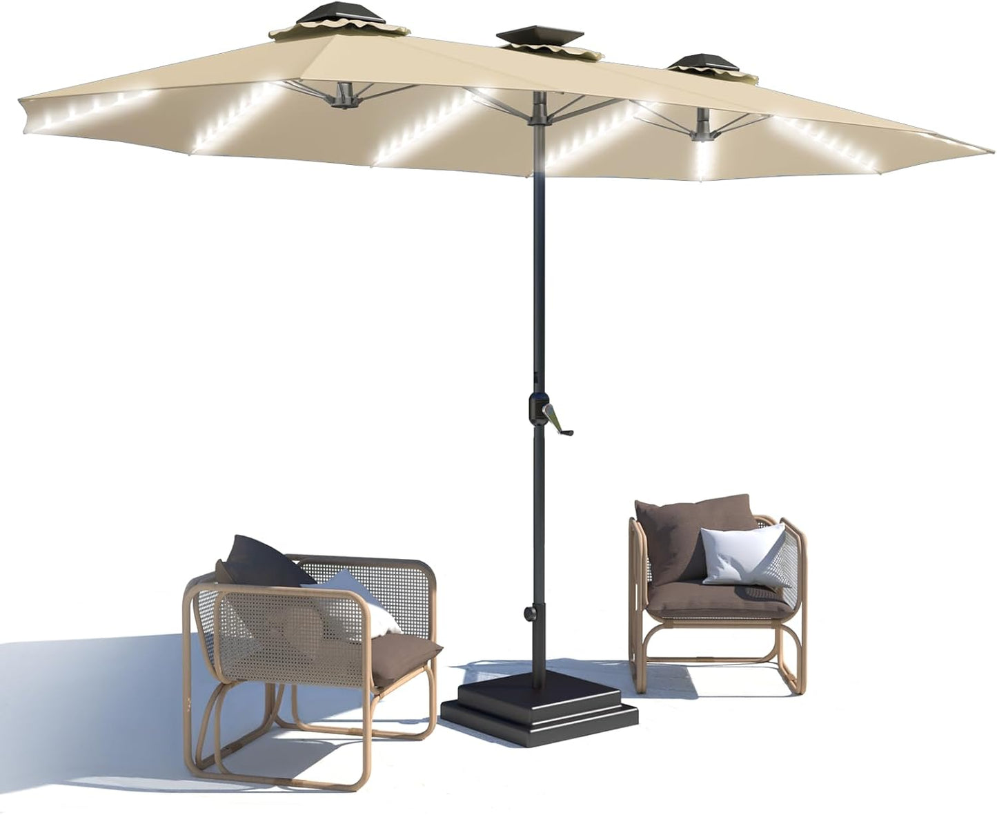 15ft Patio Umbrella with Solar Lights, Large Double Umbrella Outdoor, Rectangle 180''x106'' Umbrellas with 156 PCS LED Lights and Crank Handle for Backyard Deck Pool Shade in Black(1.9" Pole)