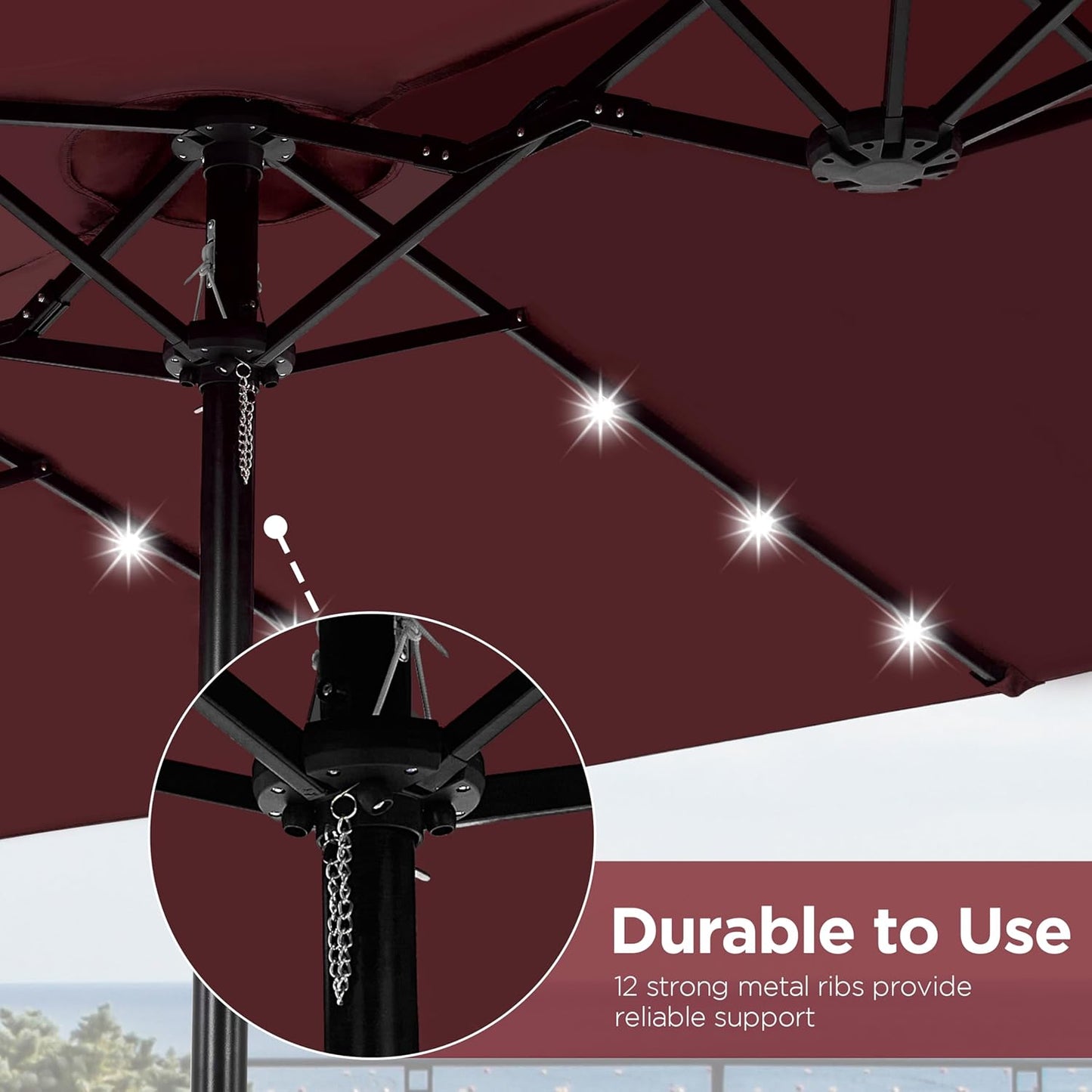 15 ft Large Patio Umbrella with Solar Lights Double-Sided Outdoor Rectangle Market Umbrellas with 36 LED Lights/Base Included/Easy Crank for Patio Garden Yard Pool Lawn, Brown