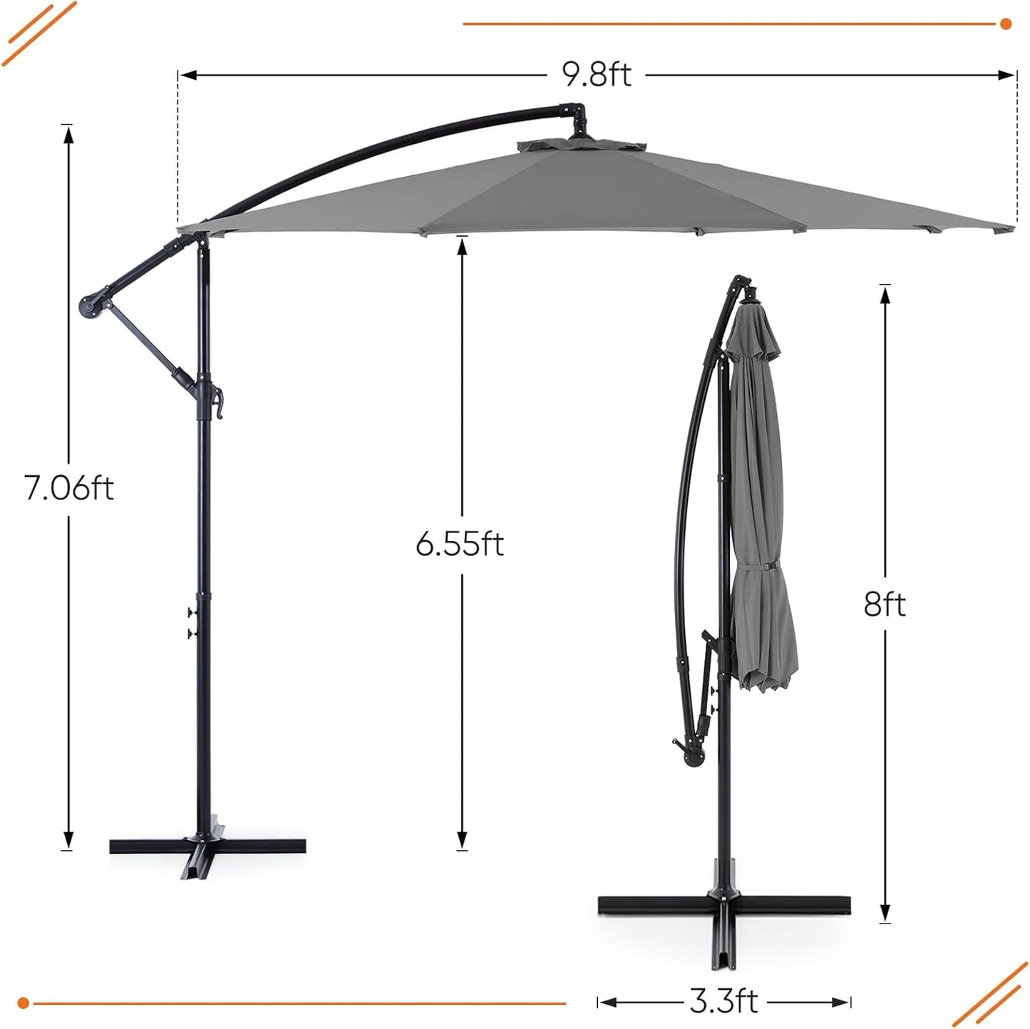 9.8FT Offset Patio Umbrella Hanging Cantilever Umbrella Outdoor Sun Shade with Easy Tilt Adjustment, 8 Ribs, UV Protection for Backyard, Lawn, Garden and Pool, Blue