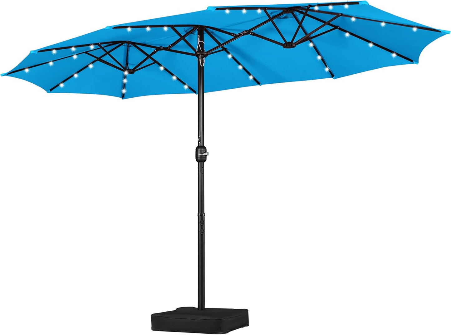 15 ft Large Patio Umbrella with Solar Lights Double-Sided Outdoor Rectangle Market Umbrellas with 36 LED Lights/Base Included/Easy Crank for Patio Garden Yard Pool Lawn, Brown