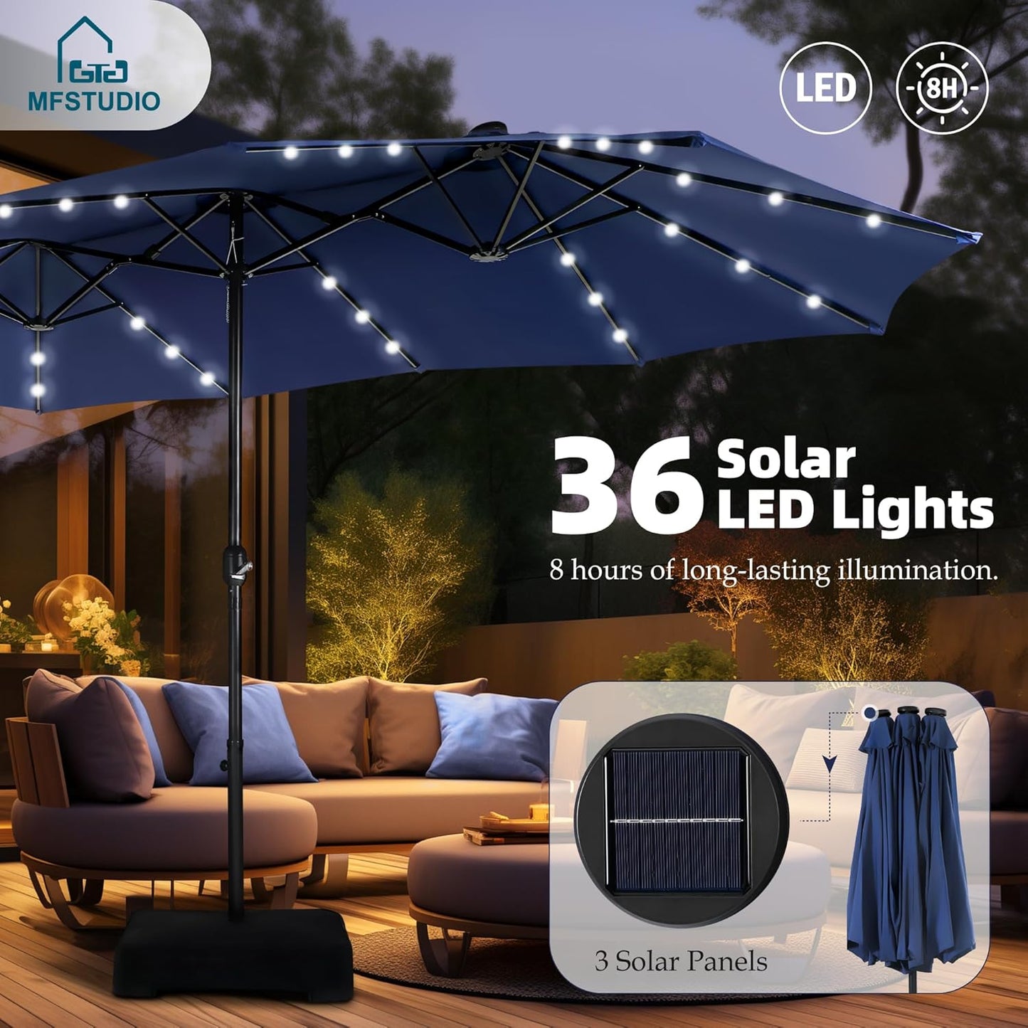 15ft Double Sided Patio Umbrella with Solar Lights, Outdoor Large Umbrellas with Crank Handle and 36 LED Lights, Rectangular Market Umbrella with Base Included for Deck Pool Shade