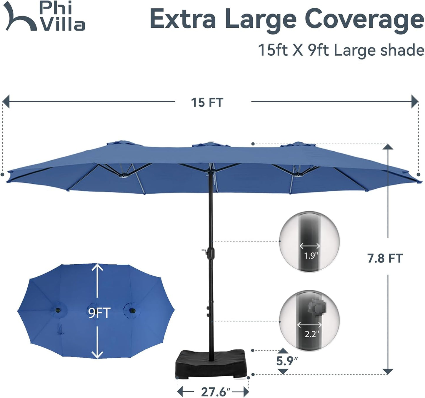 15ft Patio Umbrella Double-Sided Outdoor Market Extra Large Umbrella with Crank, Umbrella Base Included (Dark Red)