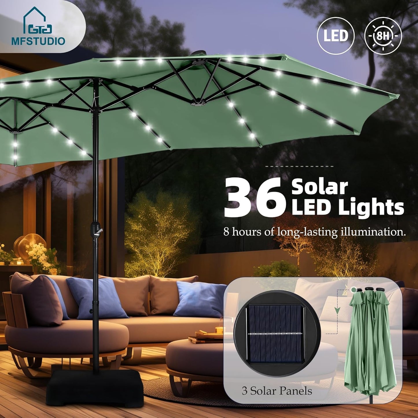15ft Double Sided Patio Umbrella with Solar Lights, Outdoor Large Umbrellas with Crank Handle and 36 LED Lights, Rectangular Market Umbrella with Base Included for Deck Pool Shade