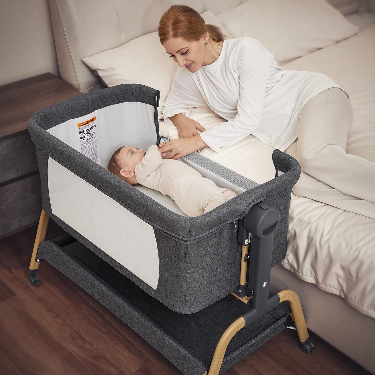 Rocking Bassinet Bedside Sleeper, Adjustable Height, Portable with Wheels, Includes Comfy Mattress, for Newborns