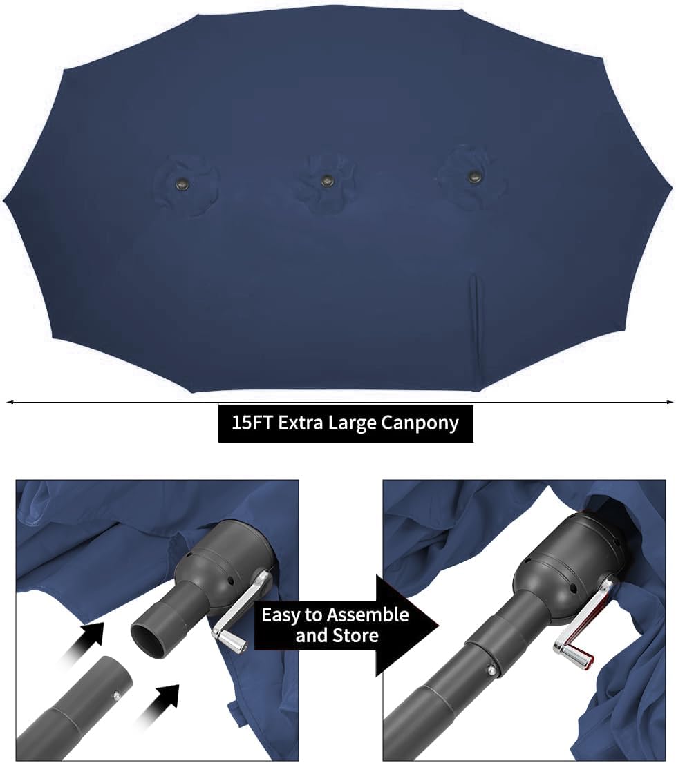 15ft Patio Umbrella with Solar Lights, Large Double Umbrella Outdoor, Rectangle 180''x106'' Umbrellas with 156 PCS LED Lights and Crank Handle for Backyard Deck Pool Shade in Black(1.9" Pole)