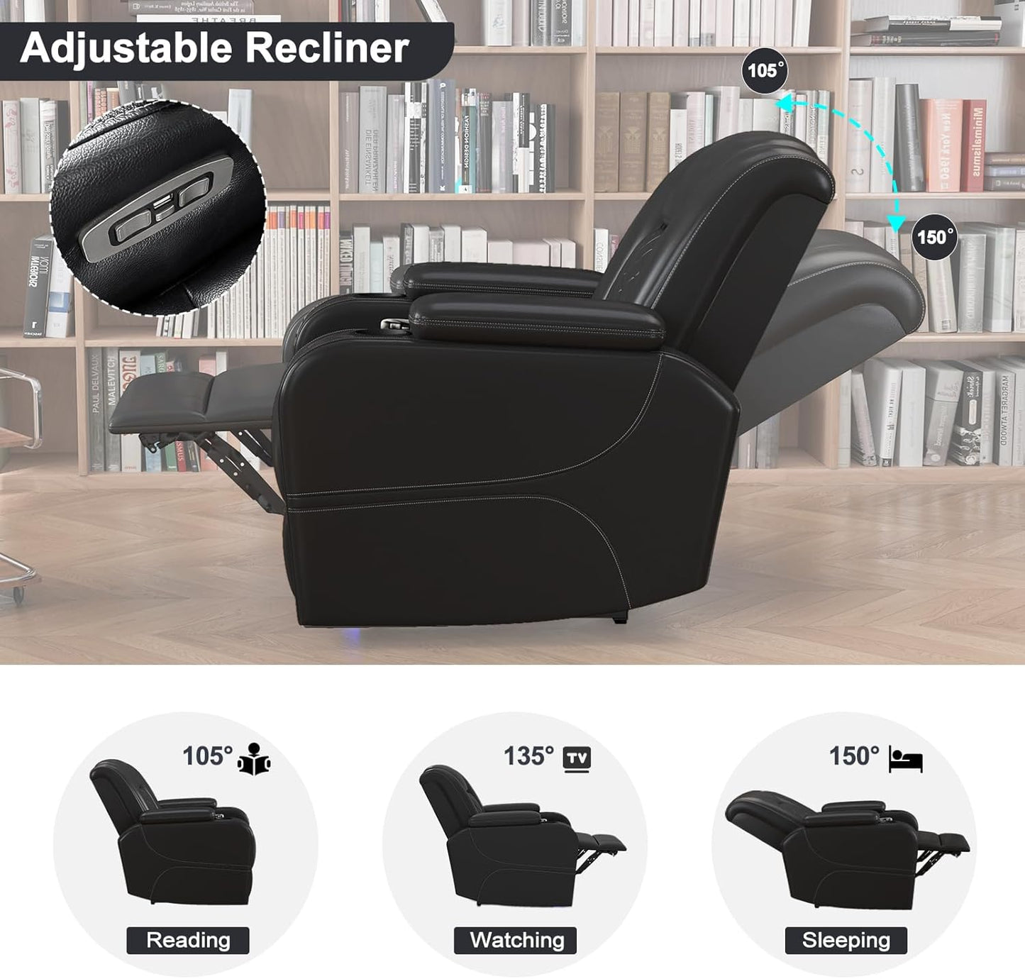 Power Home Theater Seating Set of 3, Brown Faux Leather Electric Recliner Chair with Powered Headrest, Dual Motors Movie Reclining Chairs with LED Lights,USB Port,Cup Holders, Hidden Arm Storage