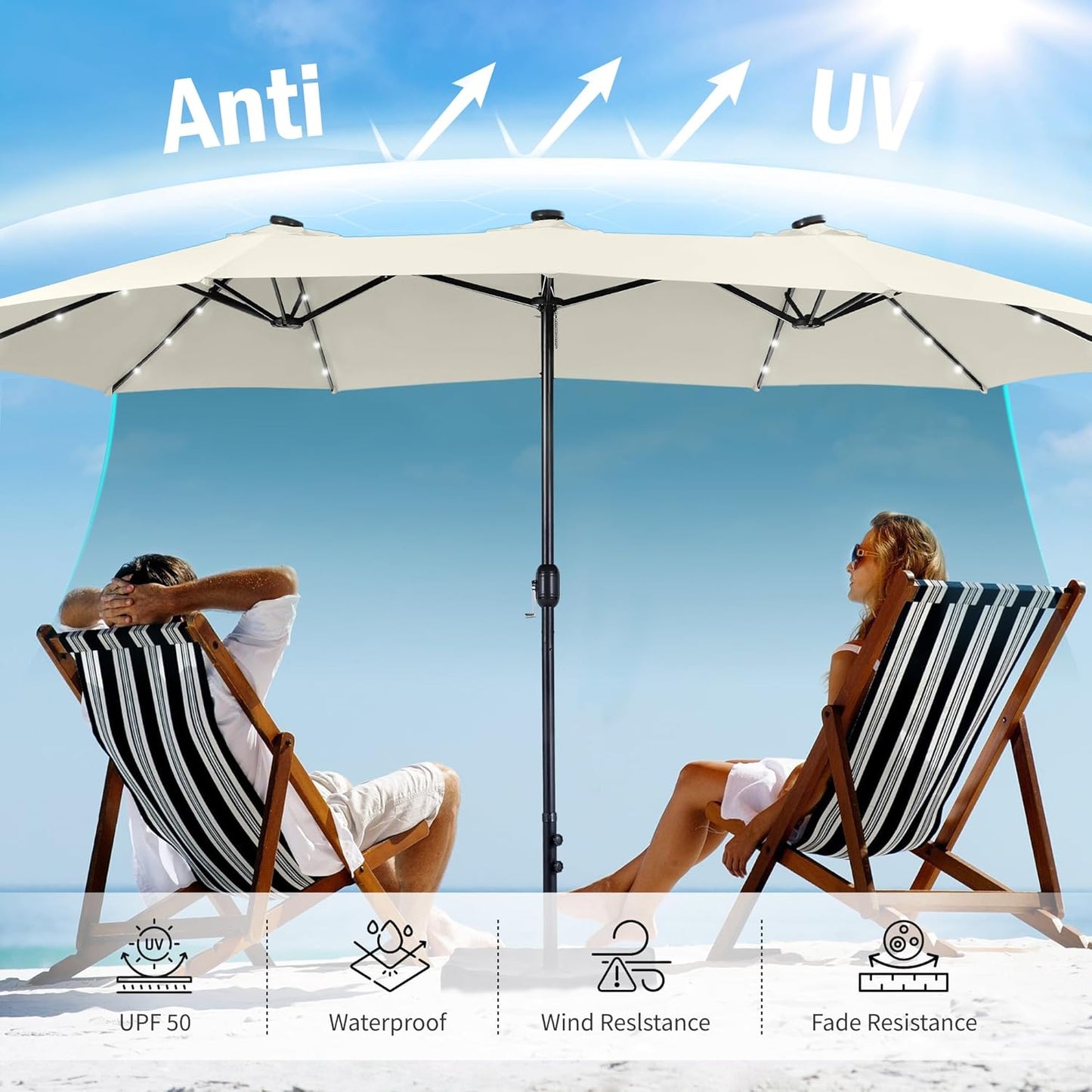 15ft Double Sided Patio Umbrella with Solar Lights, Outdoor Large Umbrellas with Crank Handle and 36 LED Lights, Rectangular Market Umbrella with Base Included for Deck Pool Shade