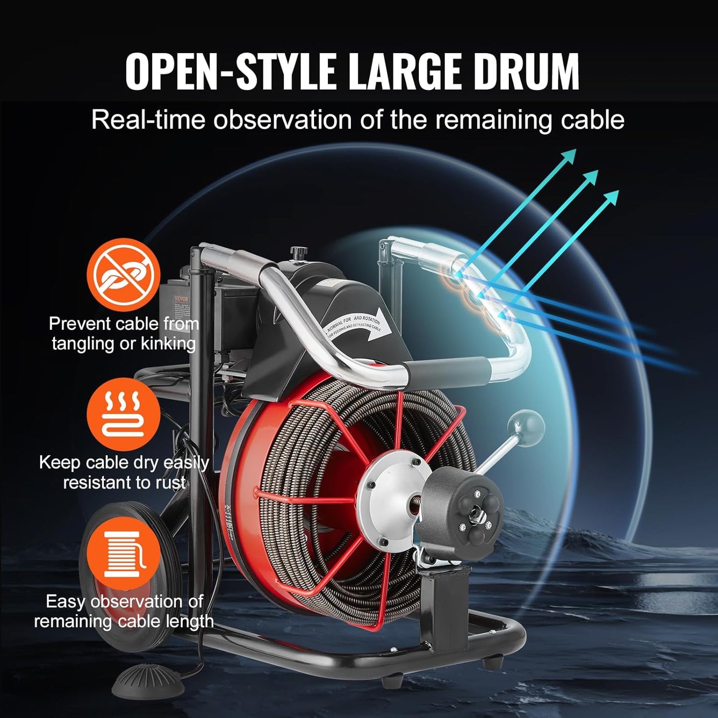 VEVOR Drain Cleaner Machine 100FT x 1/2 Inch, Auto Feed Sewer Snake Auger on Wheels, 550W Portable Drain Cleaning Machine with 8 Cutters & Air-activated Foot Switch for 2" to 4" Pipes