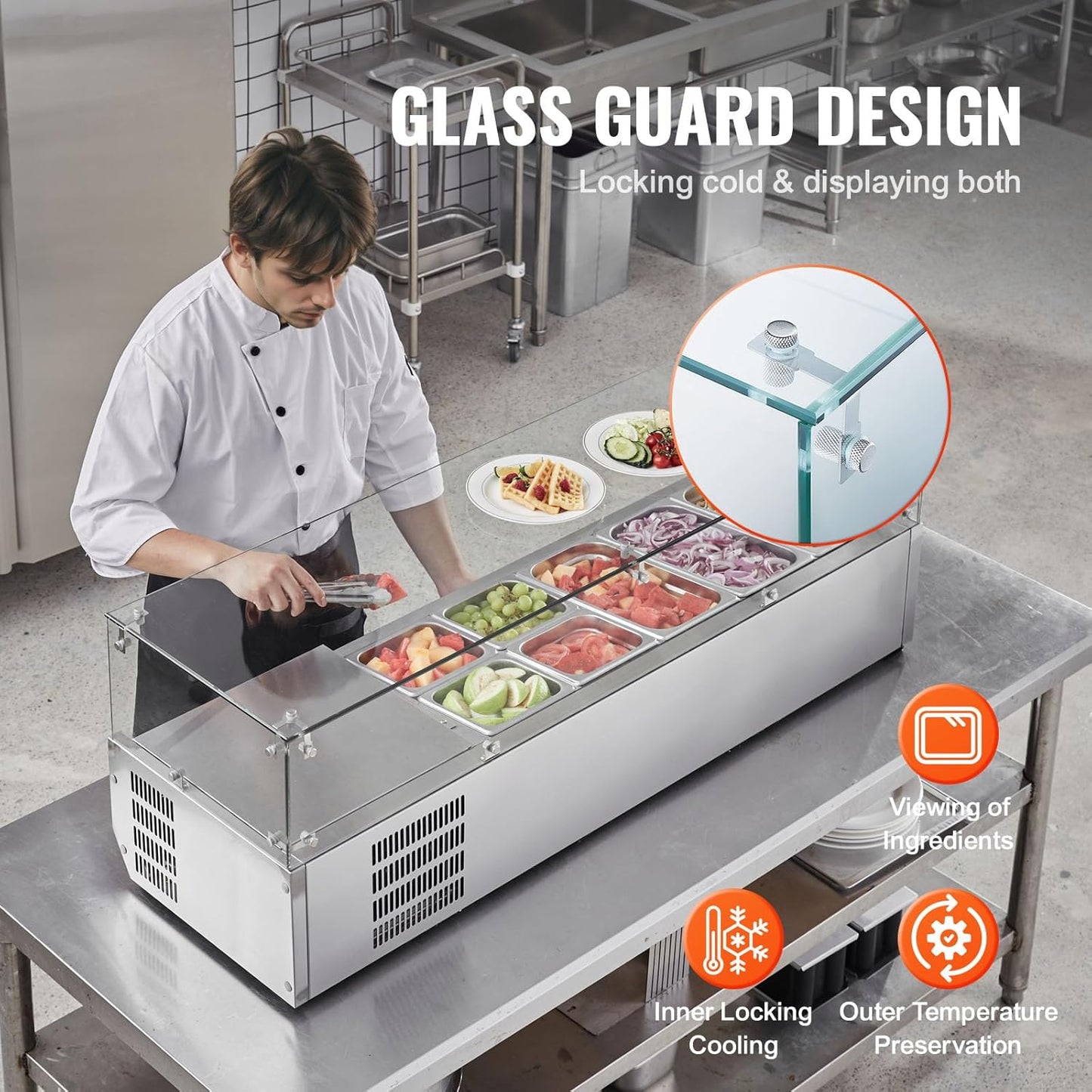 Refrigerated Condiment Prep Station, 135 W Countertop Refrigerated Condiment Station, with 2 1/3 Pans & 4 1/6 Pans, 304 Stainless Body and PC Lid, Sandwich Prep Table with Stainless Guard, ETL