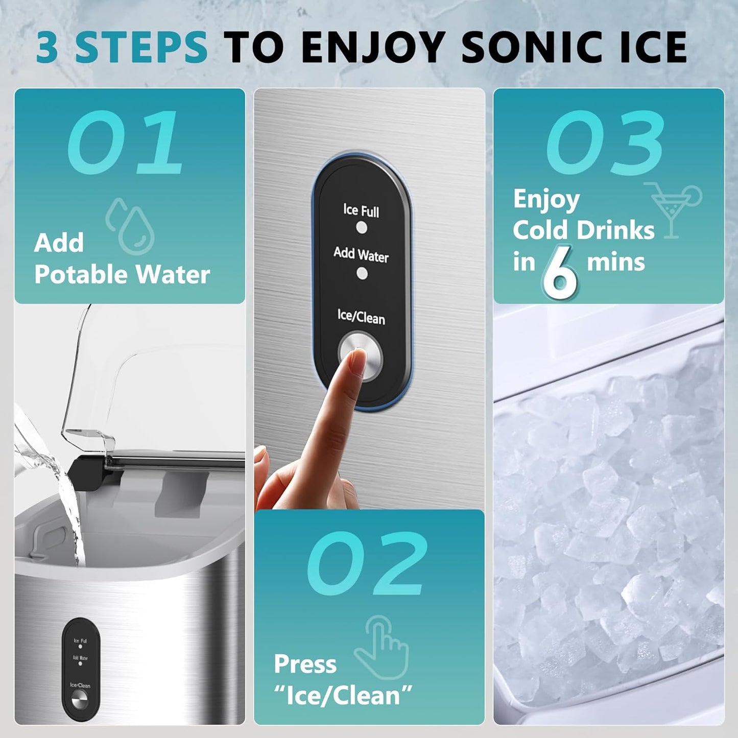 Nugget Ice Maker Countertop with Handle, Ready in 6 Mins, 34lbs Per Day, Removable Top Cover, Auto-Cleaning, Portable Sonic Ice Maker with Basket and Scoop, for Home/Party/RV/Camping (Black)