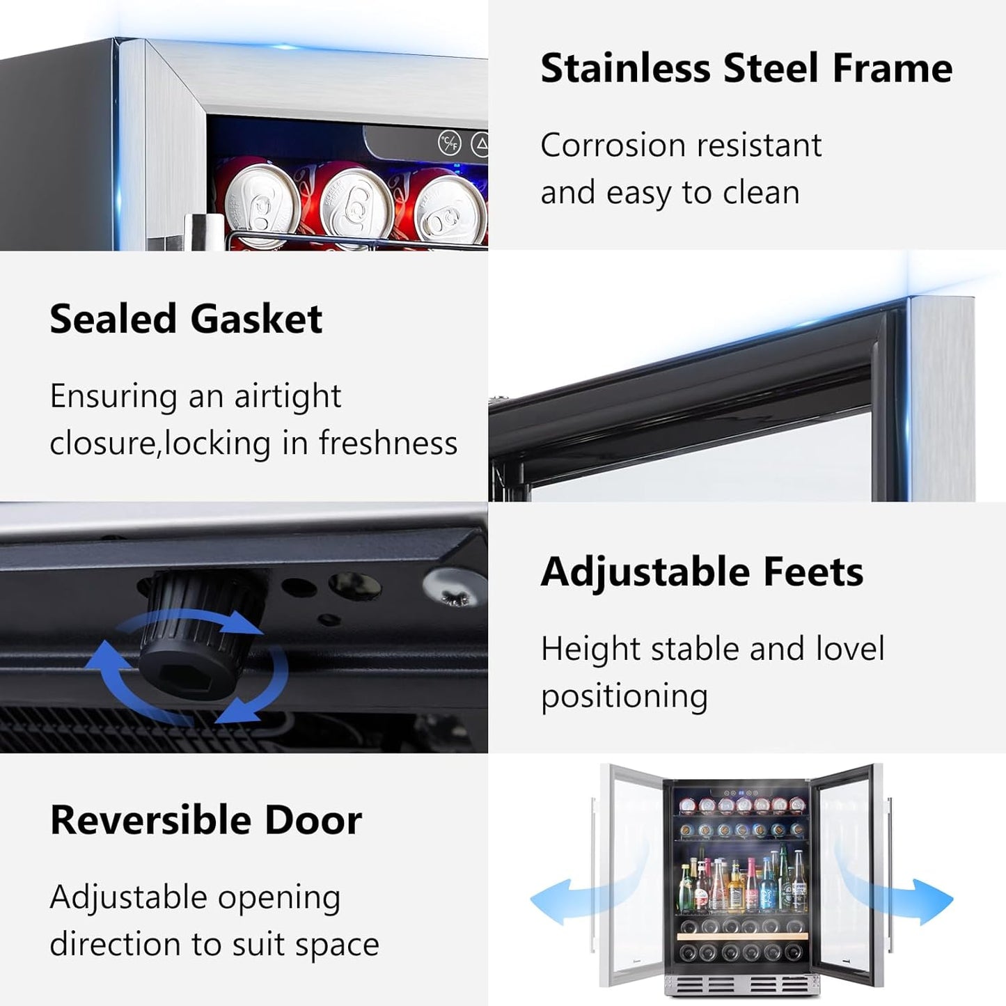 24 inch Wine Cooler, 46 Bottle - Dual Zone Built-in or Freestanding Fridge with Stainless Steel Reversible Glass Door, for Home, Kitchen, or Office.