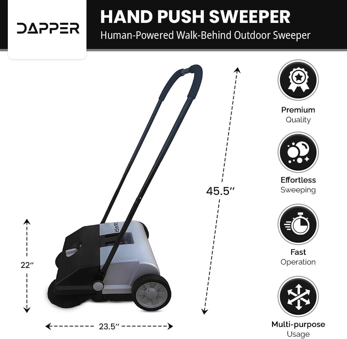 Walk-Behind Outdoor Hand Push Floor Sweeper - 5.25 Gallon Capacity - 25.5" Sweeping Width - Sweeps up to 27,900 ft² / Hour, Grey