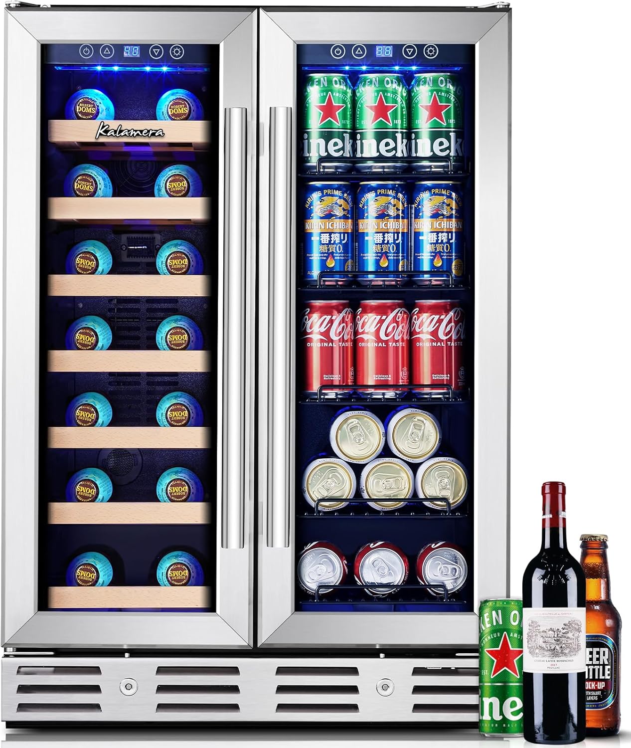 24 inch Wine Cooler, 46 Bottle - Dual Zone Built-in or Freestanding Fridge with Stainless Steel Reversible Glass Door, for Home, Kitchen, or Office.