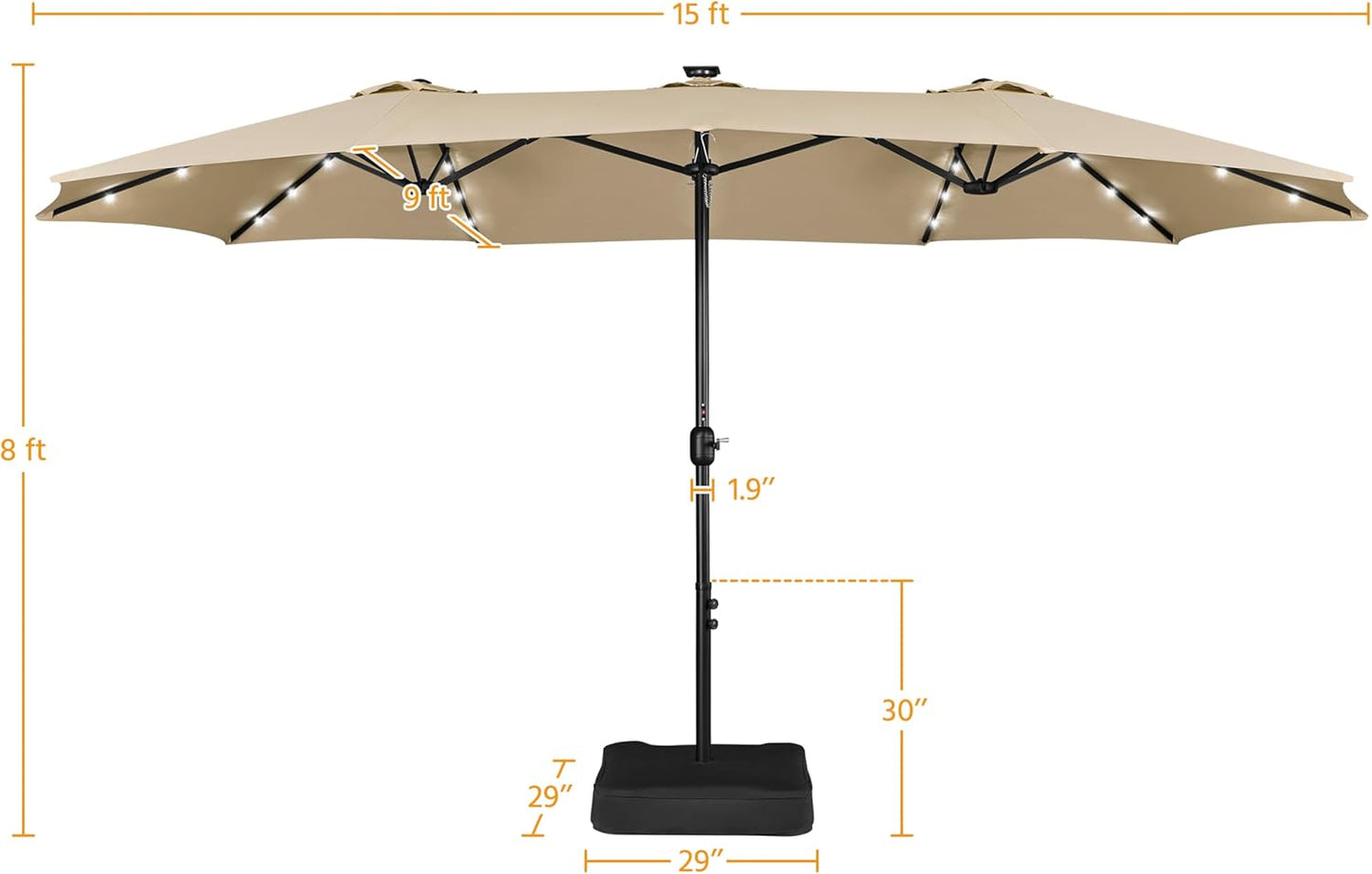 15 ft Large Patio Umbrella with Solar Lights Double-Sided Outdoor Rectangle Market Umbrellas with 36 LED Lights/Base Included/Easy Crank for Patio Garden Yard Pool Lawn, Brown