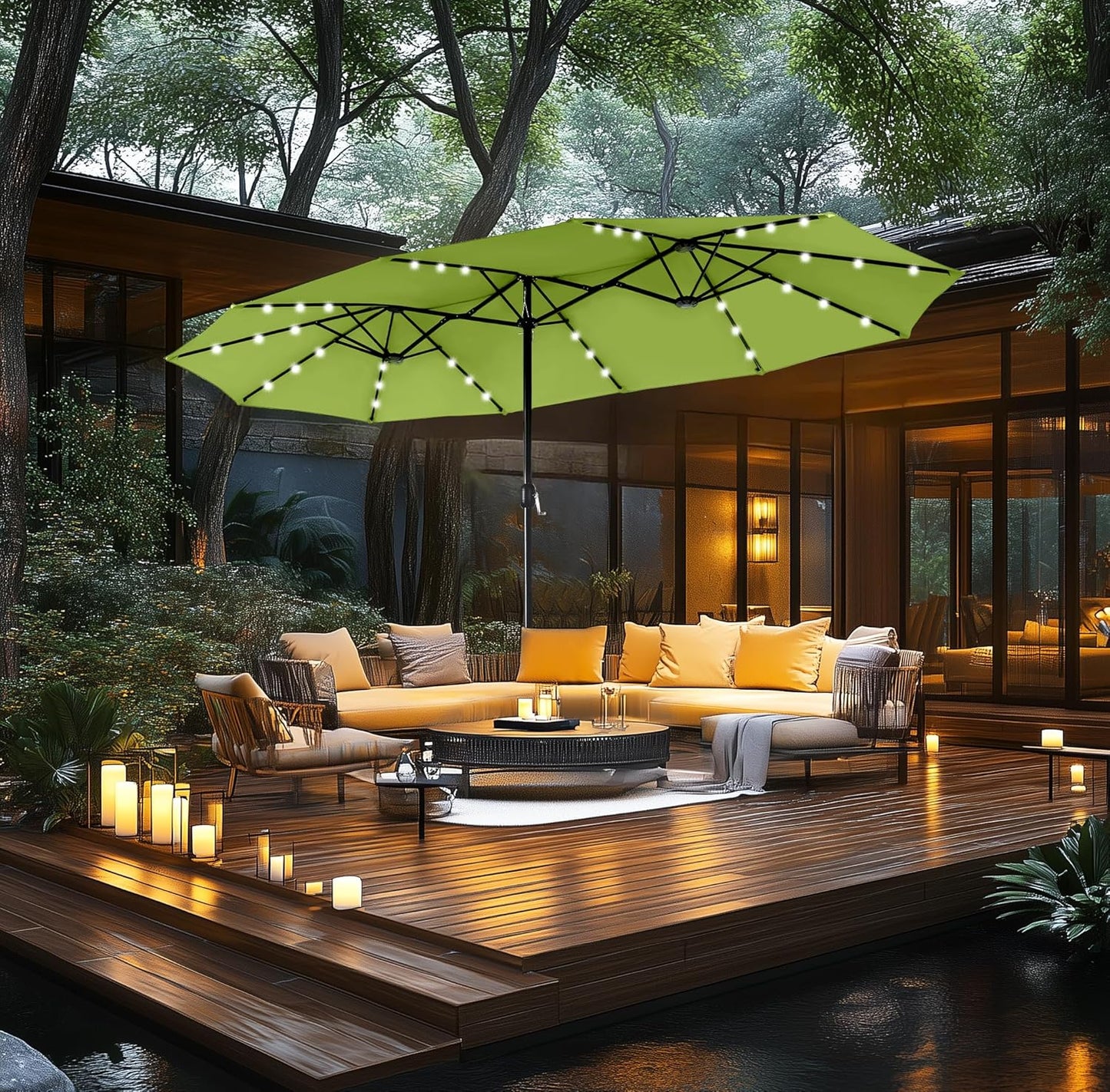 15ft Double Sided Patio Umbrella with Solar Lights, Outdoor Large Umbrellas with Crank Handle and 36 LED Lights, Rectangular Market Umbrella with Base Included for Deck Pool Shade