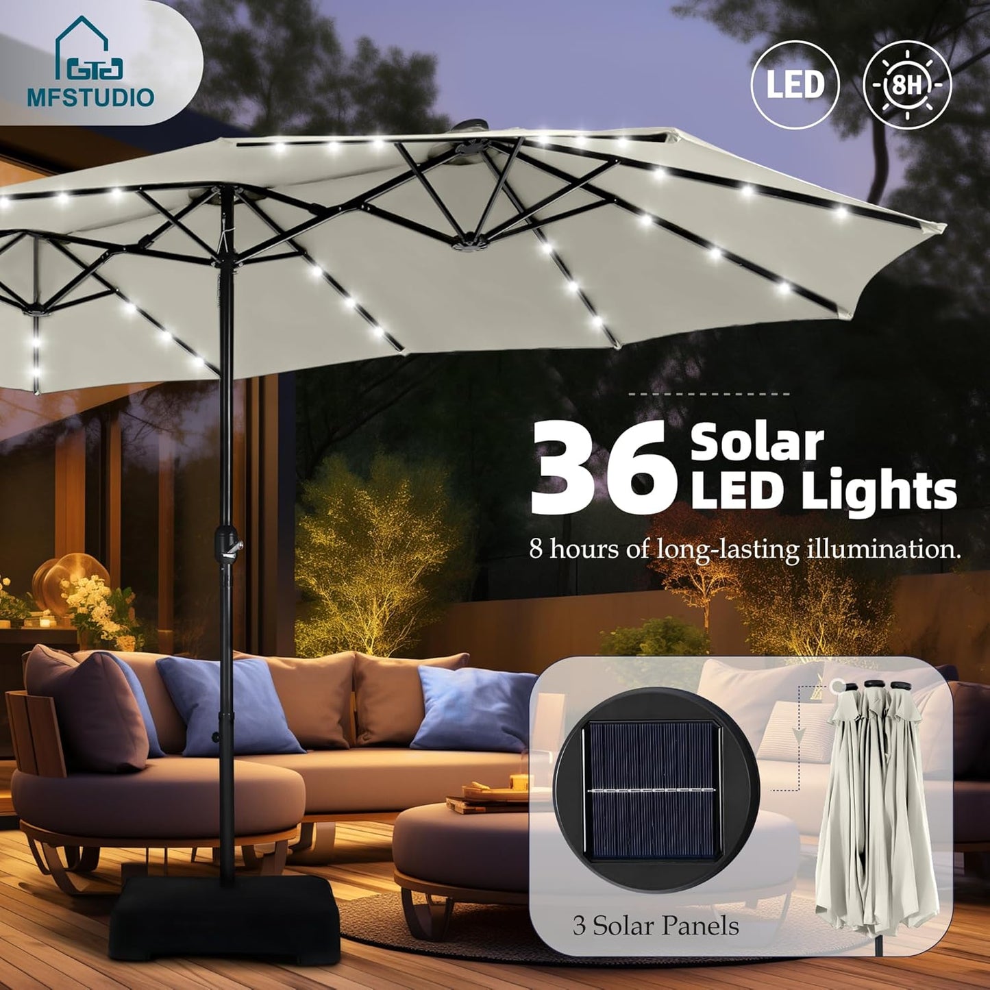 15ft Double Sided Patio Umbrella with Solar Lights, Outdoor Large Umbrellas with Crank Handle and 36 LED Lights, Rectangular Market Umbrella with Base Included for Deck Pool Shade