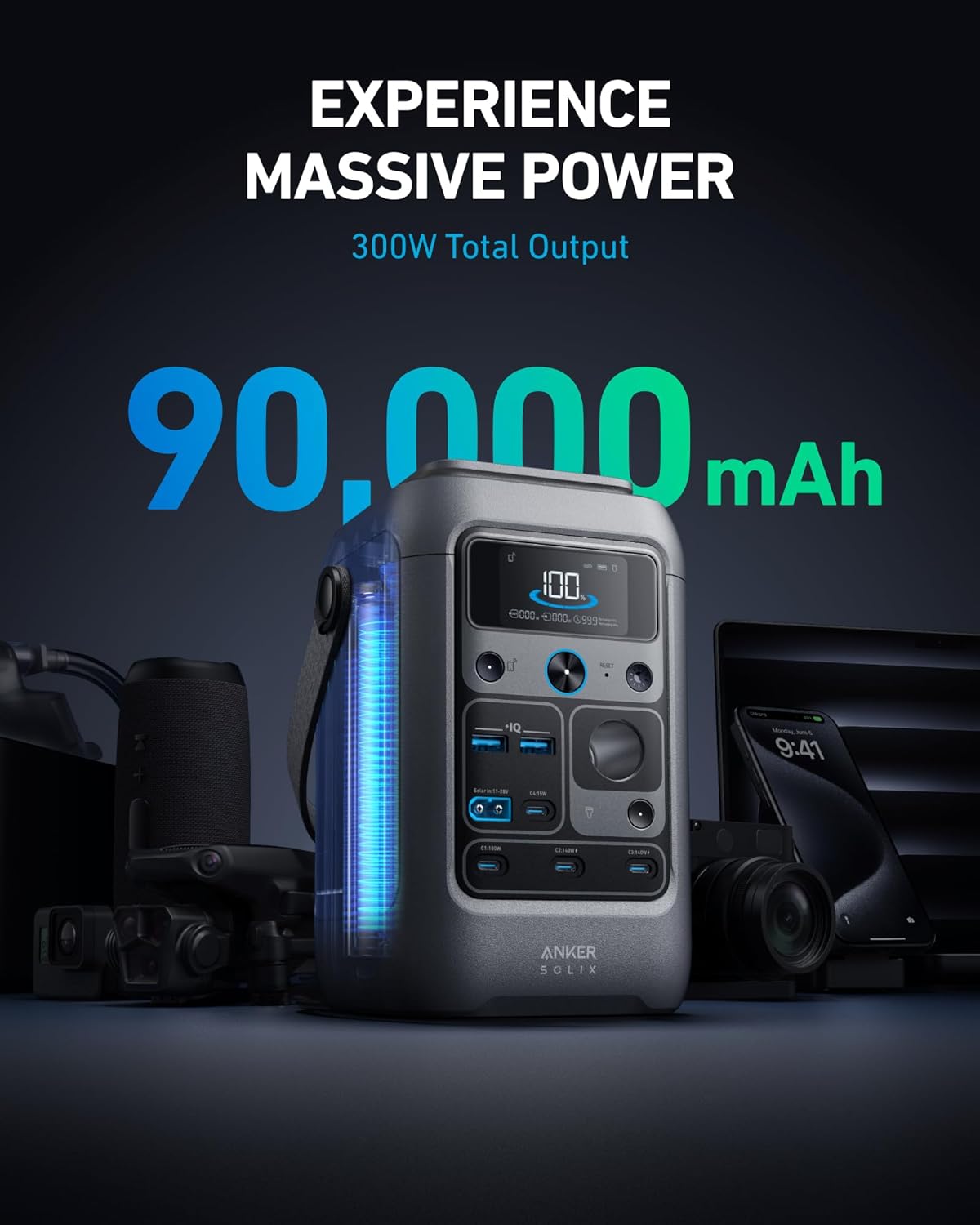 Anker Power Bank Station SOLIX C300 DC (90,000mAh), 288Wh, Portable Power Station, 300W Solar Generator, LiFePO4 Battery, Generators for Home Use, for Outdoor Camping(No Wall Charger Included)