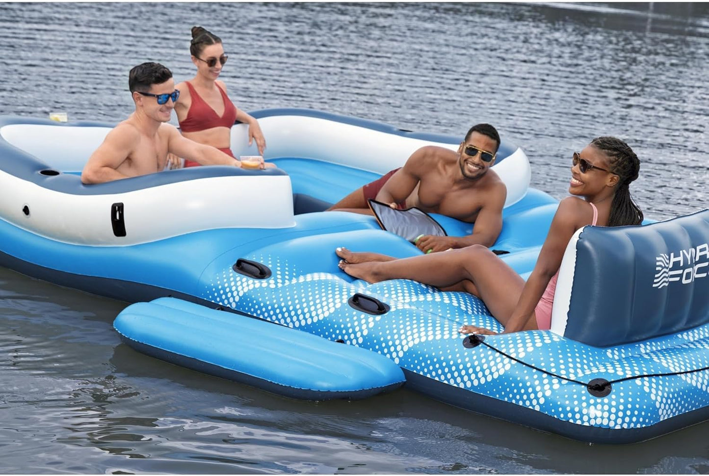 Tropical Breeze 6 Person Inflatable Party Island Large Relaxing Water Float with Detachable Sunshade and Cooler Bag