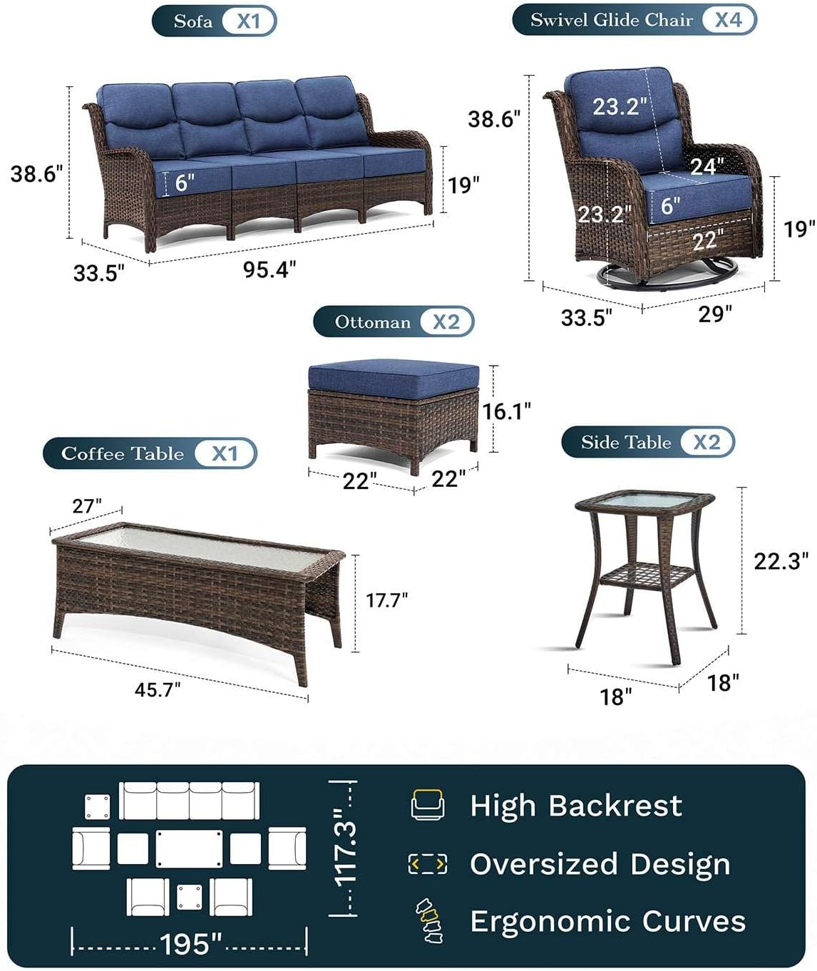 Outdoor Swivel Rocker Patio Chairs with 6-Inch Thick Cushions and Side Table, 3PCS High Back Wicker Patio Furniture Set for Porch, Balcony, Deck and Yard in Blue