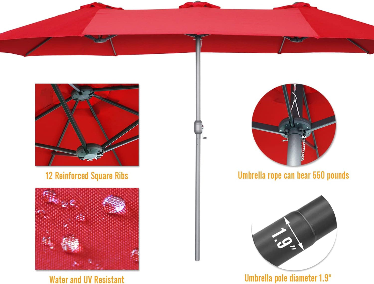 15ft Patio Umbrella with Solar Lights, Large Double Umbrella Outdoor, Rectangle 180''x106'' Umbrellas with 156 PCS LED Lights and Crank Handle for Backyard Deck Pool Shade in Black(1.9" Pole)