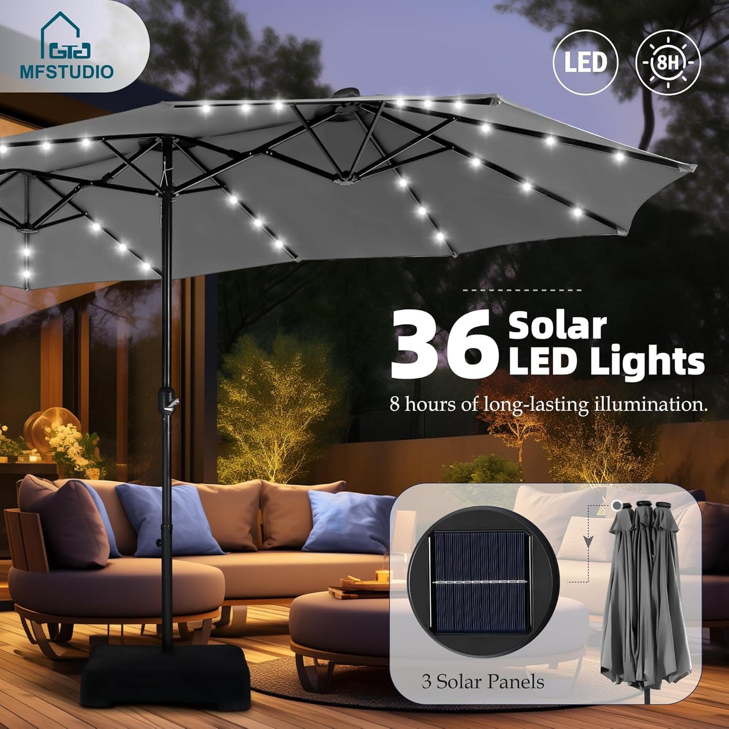 15ft Double Sided Patio Umbrella with Solar Lights, Outdoor Large Umbrellas with Crank Handle and 36 LED Lights, Rectangular Market Umbrella with Base Included for Deck Pool Shade