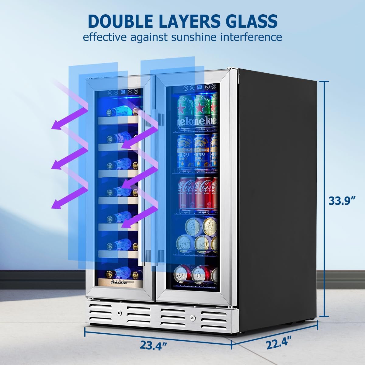 24 inch Wine Cooler, 46 Bottle - Dual Zone Built-in or Freestanding Fridge with Stainless Steel Reversible Glass Door, for Home, Kitchen, or Office.