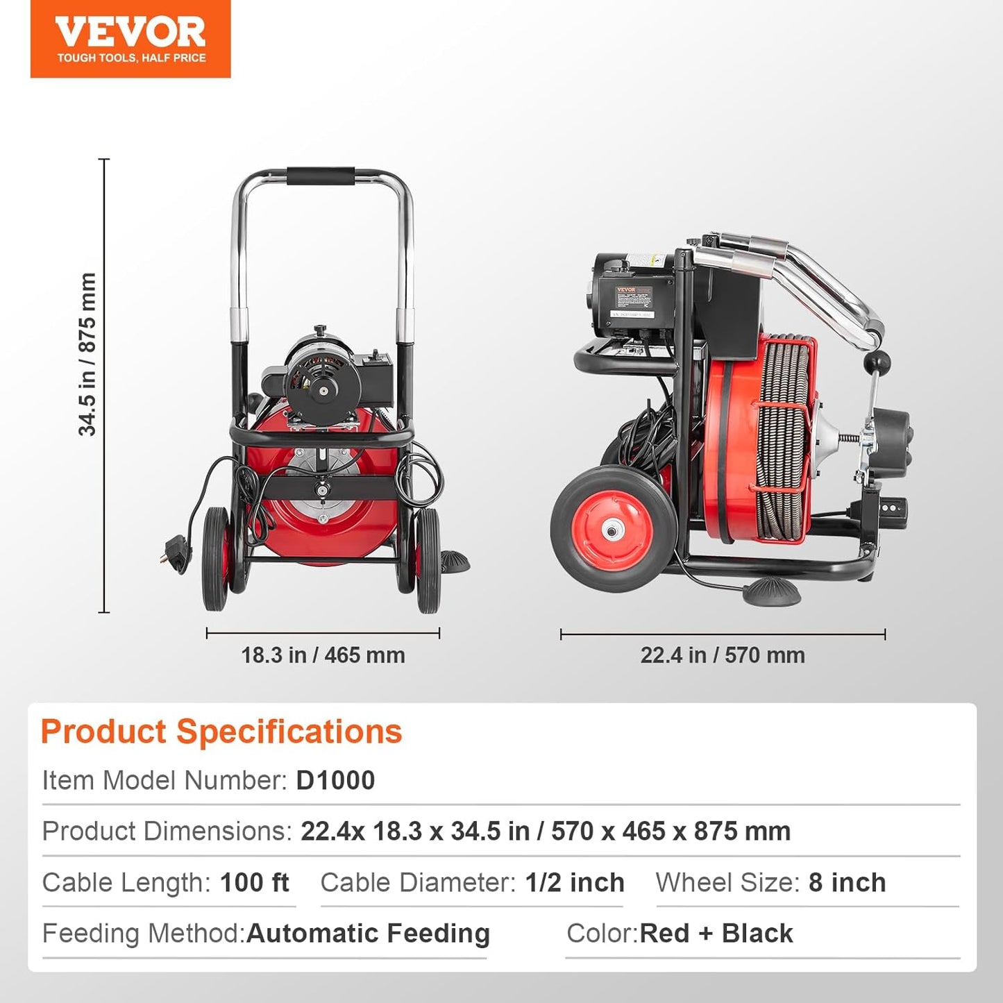 VEVOR Drain Cleaner Machine 100FT x 1/2 Inch, Auto Feed Sewer Snake Auger on Wheels, 550W Portable Drain Cleaning Machine with 8 Cutters & Air-activated Foot Switch for 2" to 4" Pipes