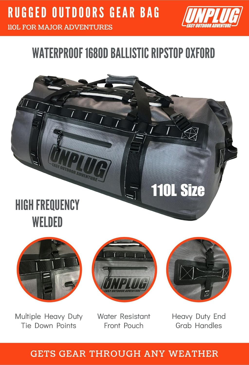 UNPLUG Ultimate Adventure Bag -1680D Heavy Duty Waterproof Travel Duffel Bags for Camping, Motorcycle Dry Bag, Waterproof Bags for Boating, Waterproof Duffle Backpack,Tactical Duffle Bag