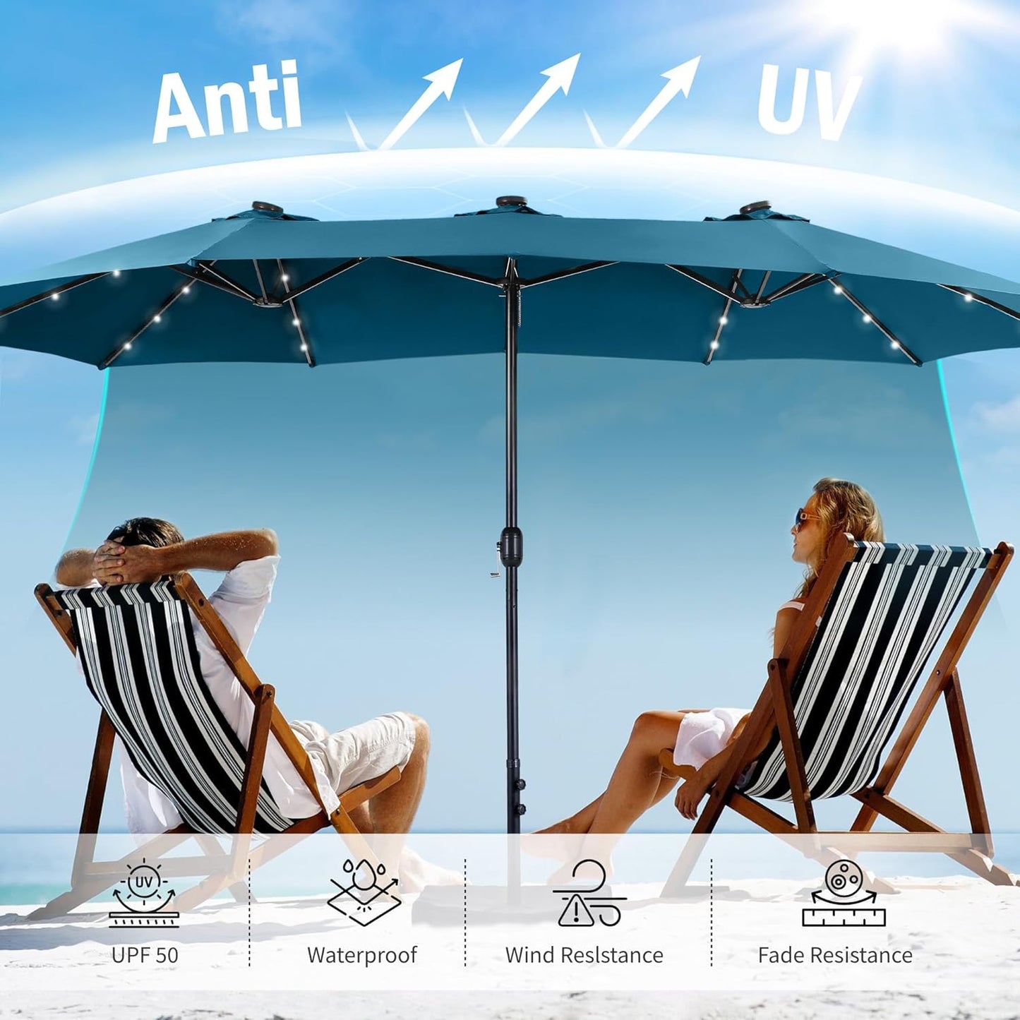 15ft Double Sided Patio Umbrella with Solar Lights, Outdoor Large Umbrellas with Crank Handle and 36 LED Lights, Rectangular Market Umbrella with Base Included for Deck Pool Shade