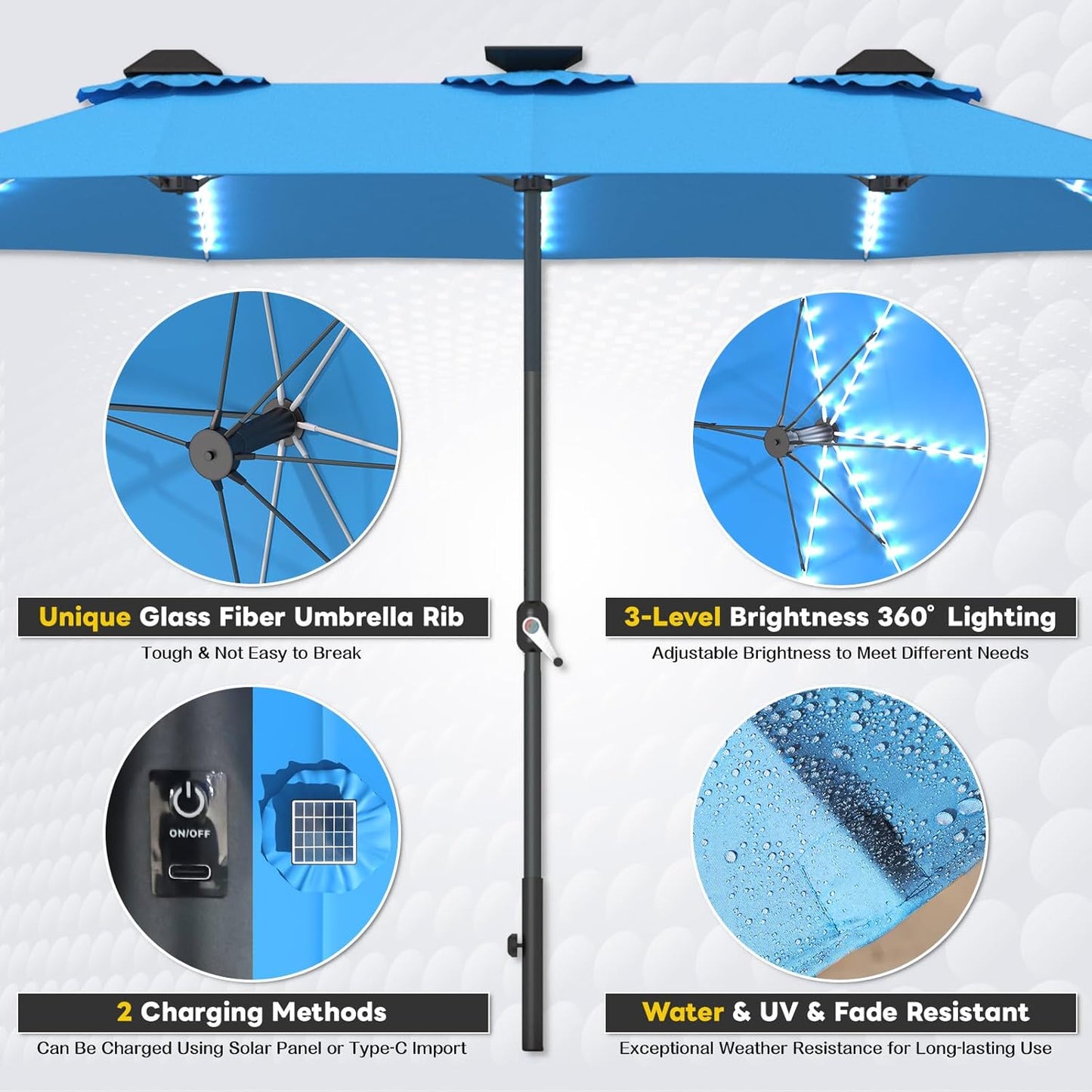 15ft Patio Umbrella with Solar Lights, Large Double Umbrella Outdoor, Rectangle 180''x106'' Umbrellas with 156 PCS LED Lights and Crank Handle for Backyard Deck Pool Shade in Black(1.9" Pole)