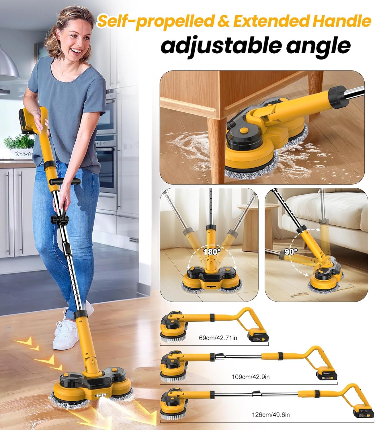 6000mAh Battery Electric Mop M1, 800RPM Cordless Electric Power Scrubber & Mops for Floor Cleaning, Best Automatic Spin Mops with Smart Display,Rotating Mop with LED Light & Water Spray-qimedo