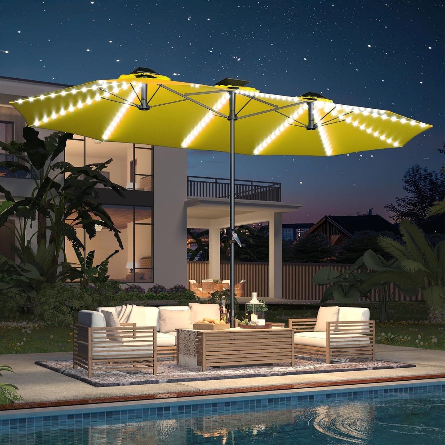 15ft Patio Umbrella with Solar Lights, Large Double Umbrella Outdoor, Rectangle 180''x106'' Umbrellas with 156 PCS LED Lights and Crank Handle for Backyard Deck Pool Shade in Black(1.9" Pole)