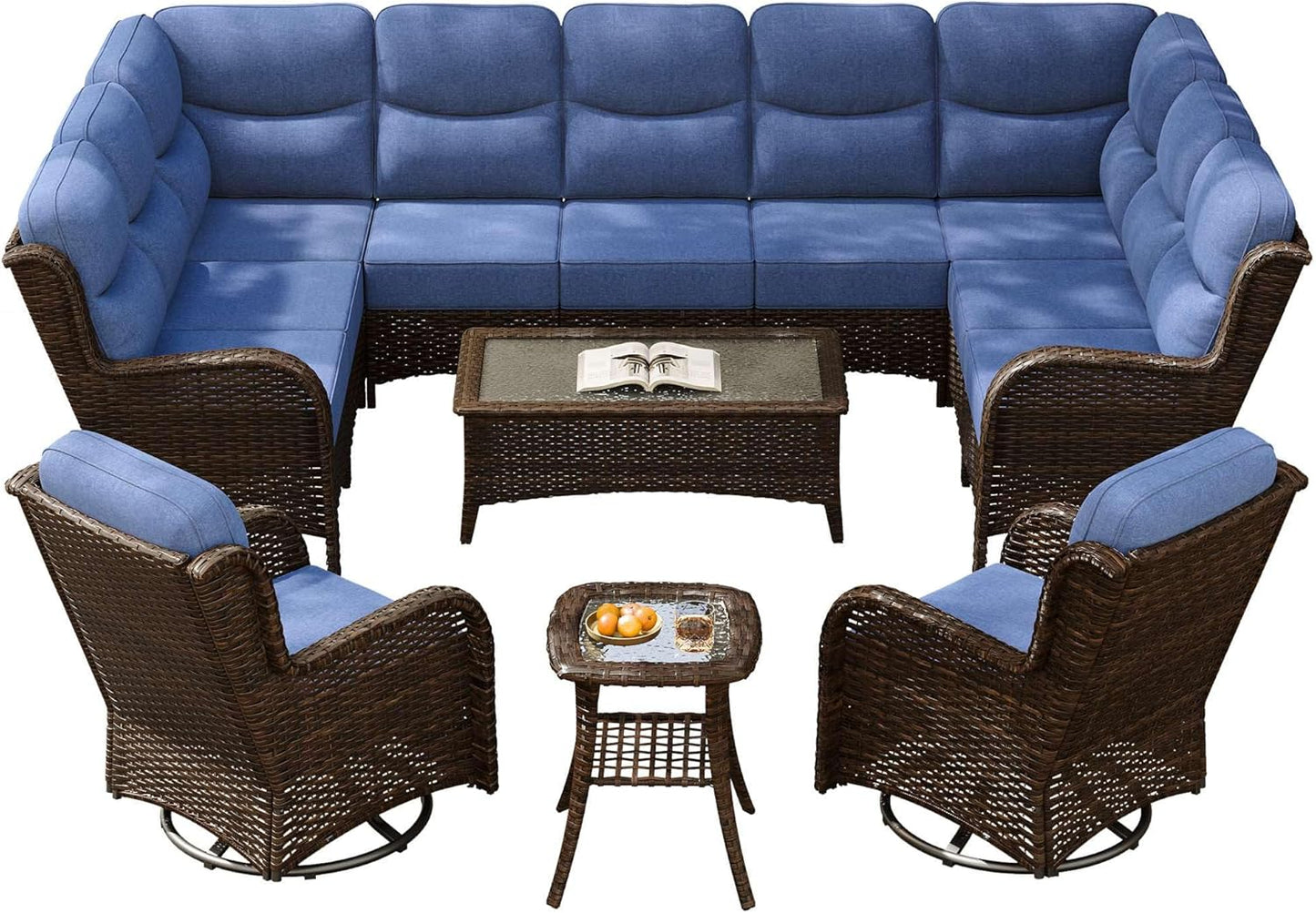 Outdoor Swivel Rocker Patio Chairs with 6-Inch Thick Cushions and Side Table, 3PCS High Back Wicker Patio Furniture Set for Porch, Balcony, Deck and Yard in Blue