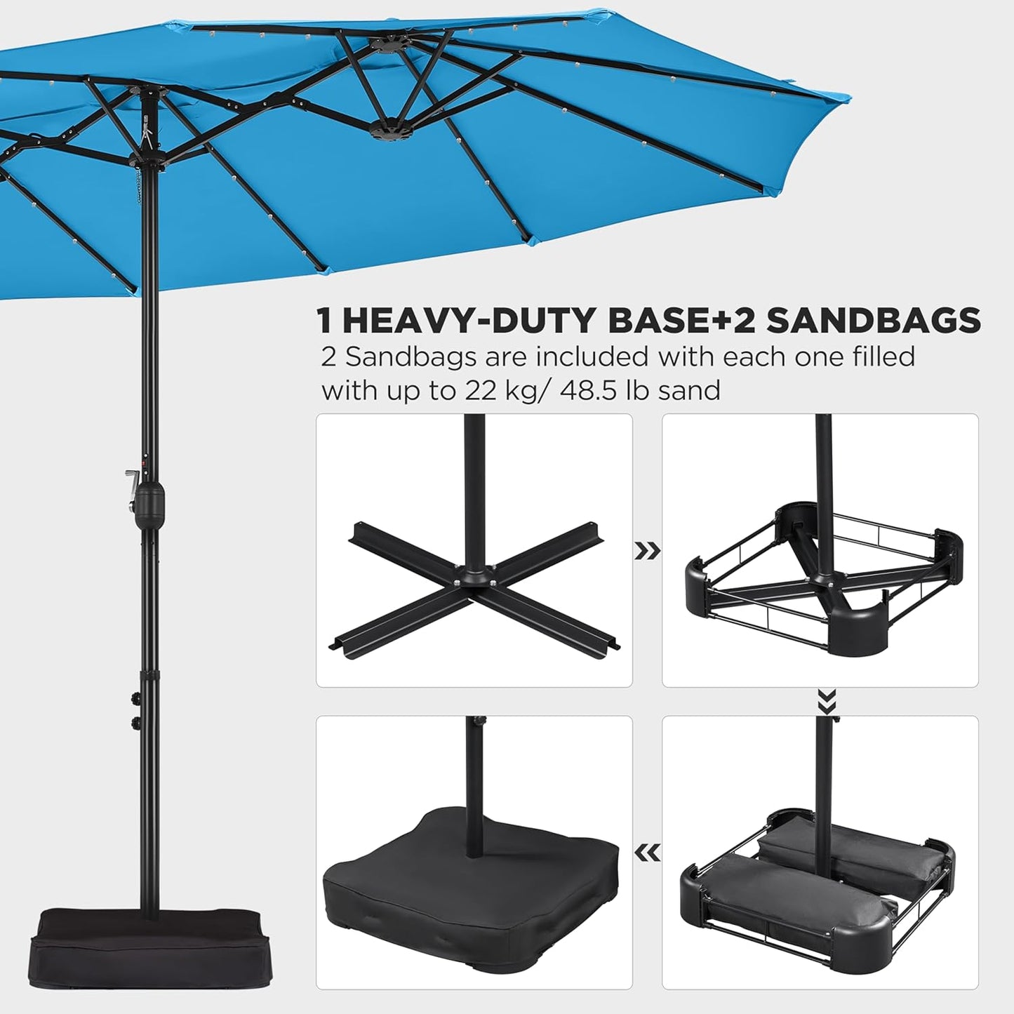 15 ft Large Patio Umbrella with Solar Lights Double-Sided Outdoor Rectangle Market Umbrellas with 36 LED Lights/Base Included/Easy Crank for Patio Garden Yard Pool Lawn, Brown