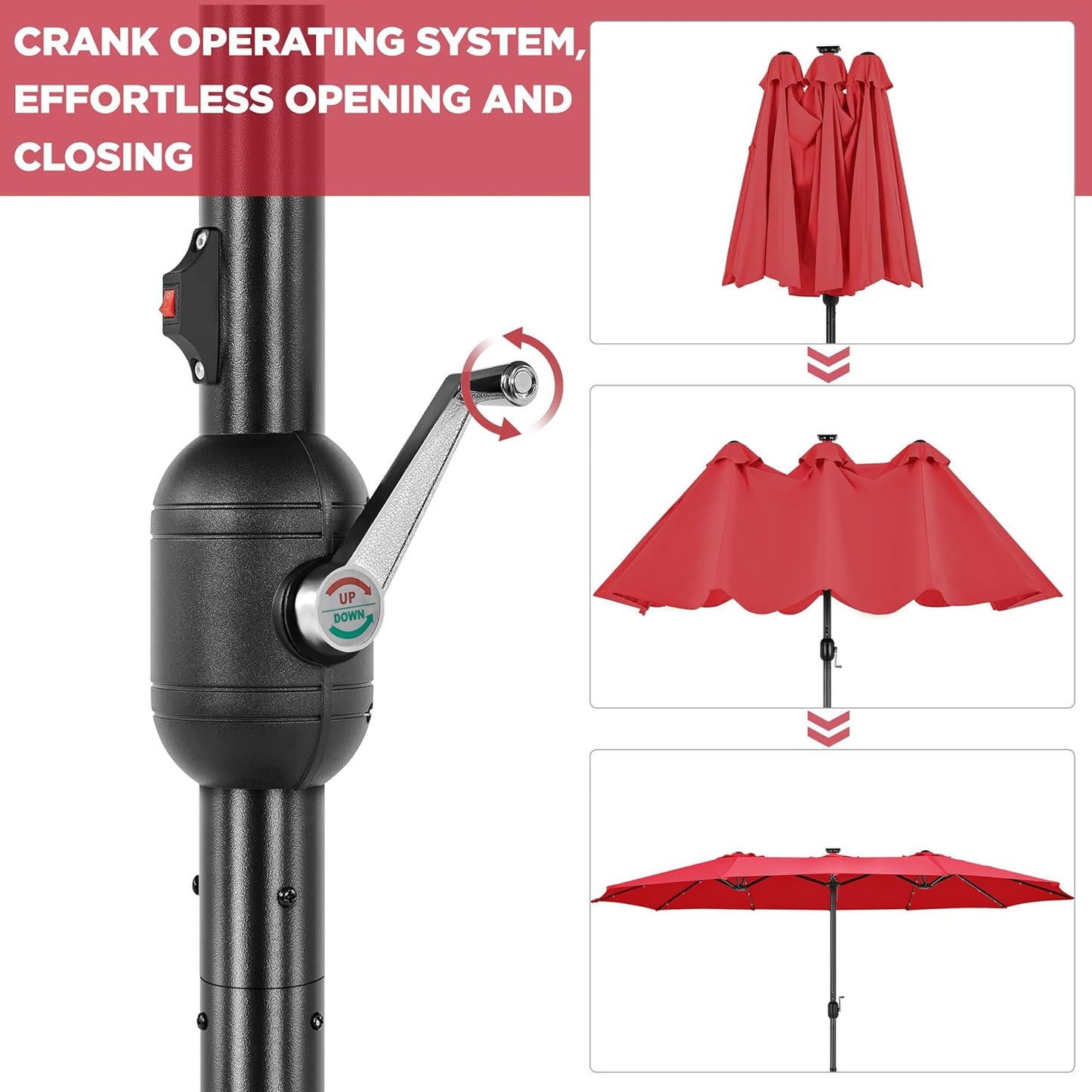 15 ft Large Patio Umbrella with Solar Lights Double-Sided Outdoor Rectangle Market Umbrellas with 36 LED Lights/Base Included/Easy Crank for Patio Garden Yard Pool Lawn, Brown