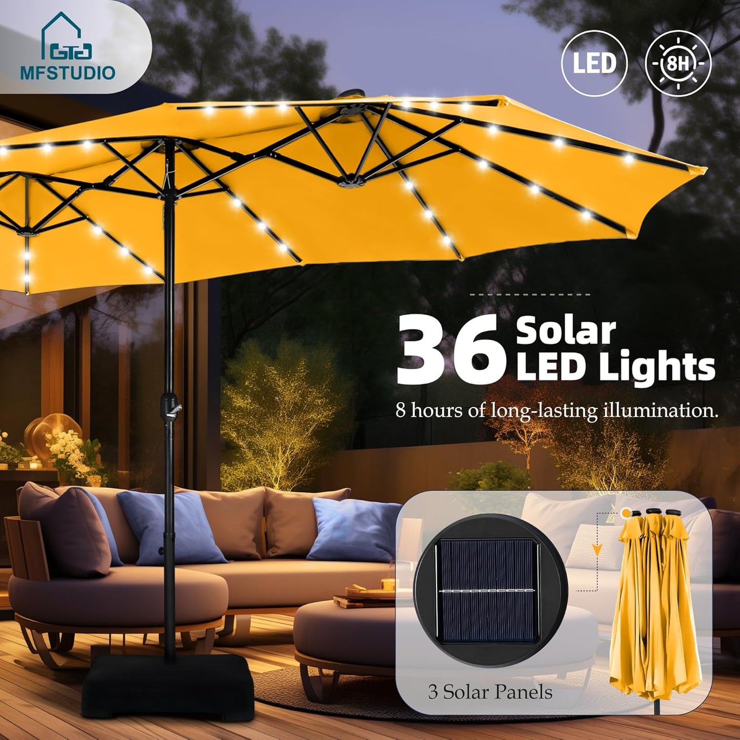 15ft Double Sided Patio Umbrella with Solar Lights, Outdoor Large Umbrellas with Crank Handle and 36 LED Lights, Rectangular Market Umbrella with Base Included for Deck Pool Shade
