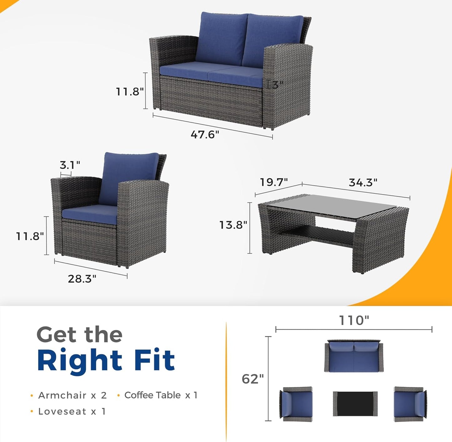 Wisteria Lane 4 Piece Outdoor Patio Furniture Sets, Wicker Conversation Set for Porch Deck, Grey Rattan Sofa Chair with Cushion （Blue