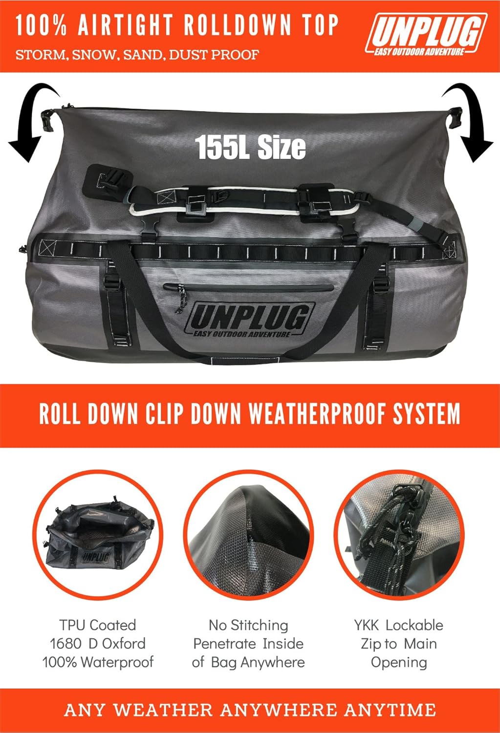 UNPLUG Ultimate Adventure Bag -1680D Heavy Duty Waterproof Travel Duffel Bags for Camping, Motorcycle Dry Bag, Waterproof Bags for Boating, Waterproof Duffle Backpack,Tactical Duffle Bag