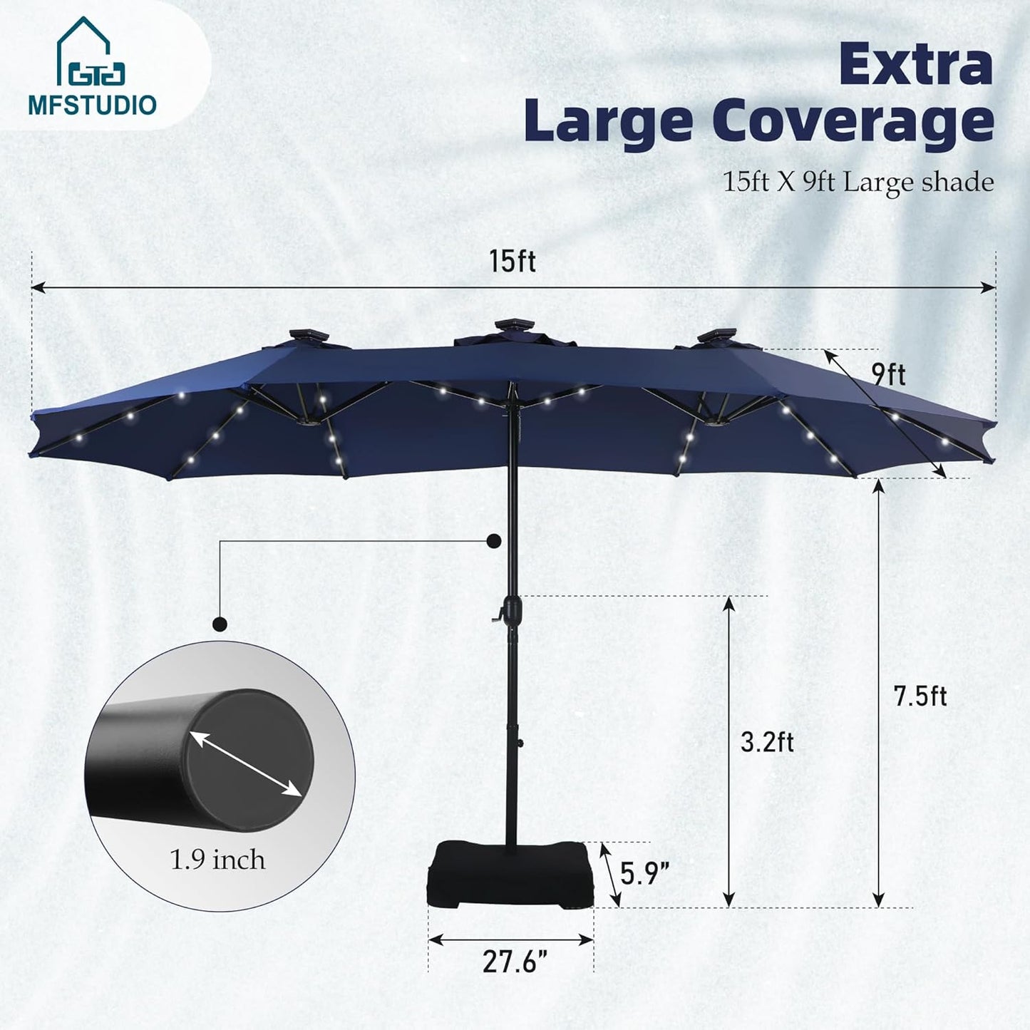 15ft Double Sided Patio Umbrella with Solar Lights, Outdoor Large Umbrellas with Crank Handle and 36 LED Lights, Rectangular Market Umbrella with Base Included for Deck Pool Shade