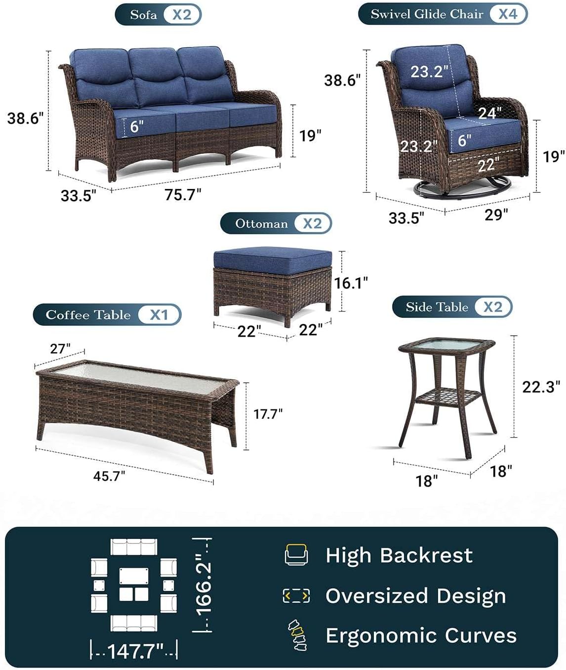 Outdoor Swivel Rocker Patio Chairs with 6-Inch Thick Cushions and Side Table, 3PCS High Back Wicker Patio Furniture Set for Porch, Balcony, Deck and Yard in Blue